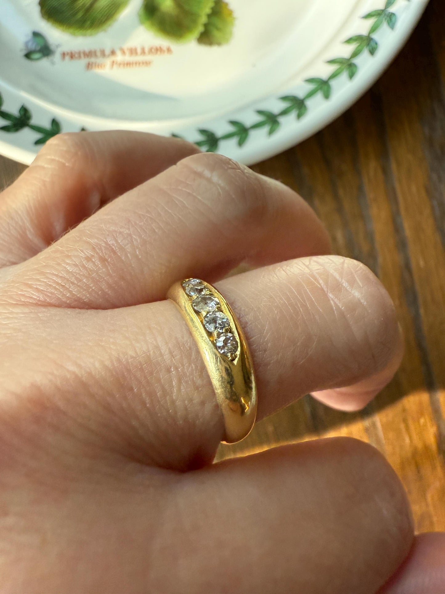 FIVE Stone Old Mine Cut DIAMOND Gypsy Band 18k Gold Antique Ring 0.6 Carat Antique Edwardian Victorian Stacker OmC Square Geometric Linear