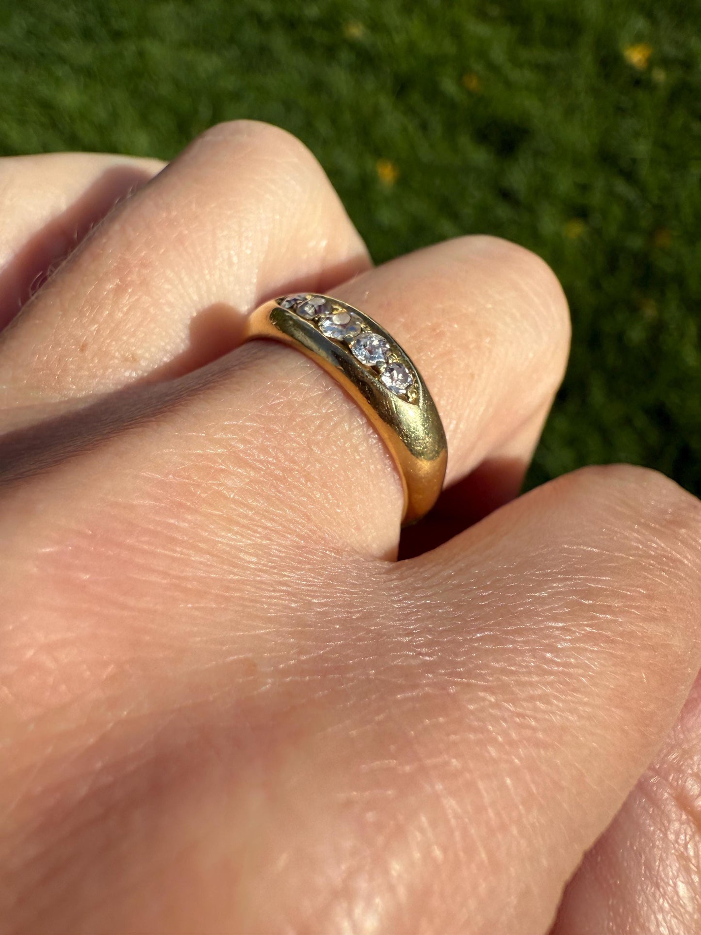 FIVE Stone Old Mine Cut DIAMOND Gypsy Band 18k Gold Antique Ring 0.6 Carat Antique Edwardian Victorian Stacker OmC Square Geometric Linear