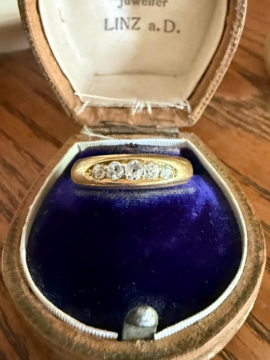 FIVE Stone Old Mine Cut DIAMOND Gypsy Wide Band 18k Gold Antique Ring c1894 Victorian Stacker