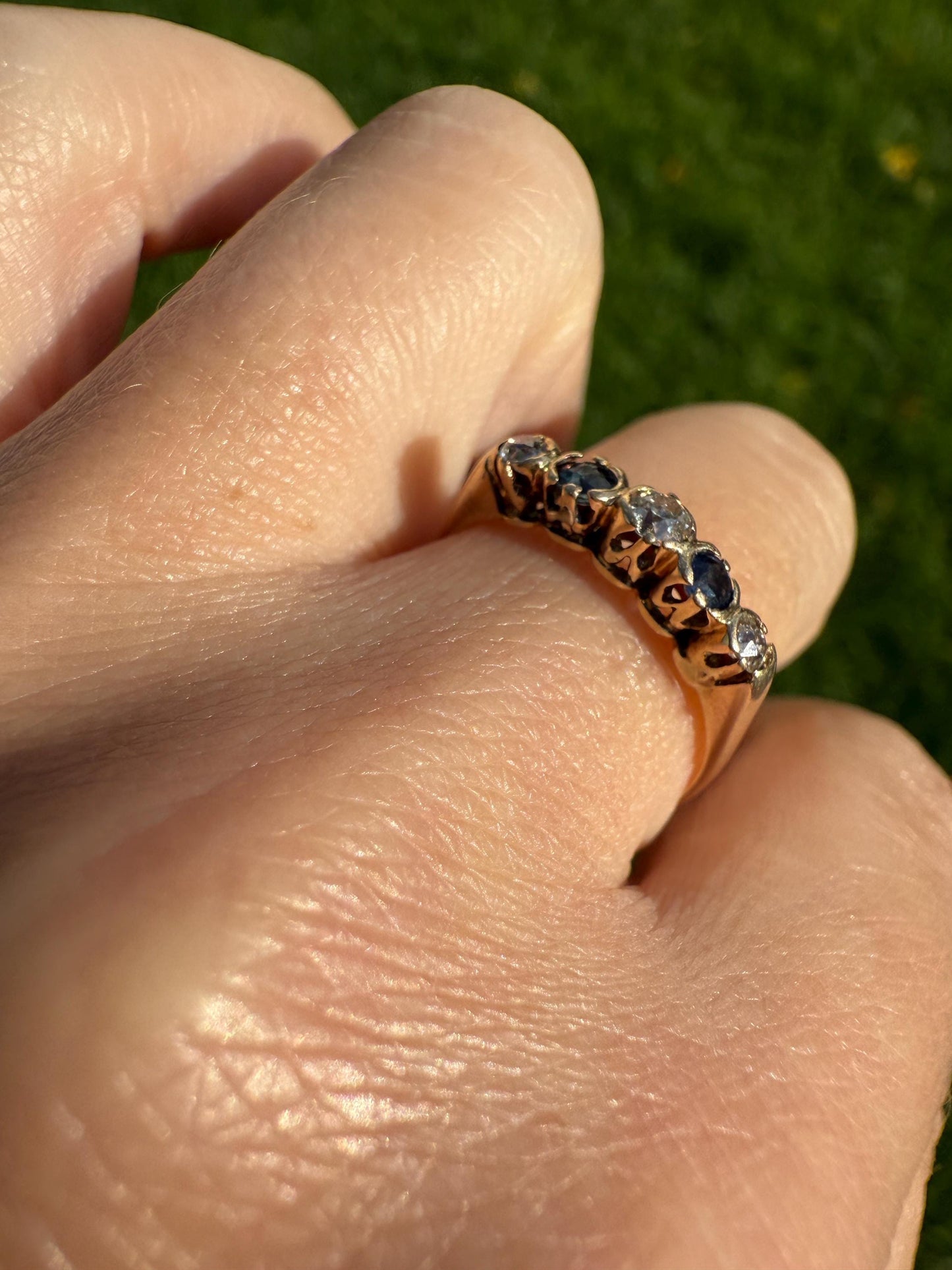 Antique SAPPHIRE Old Mine Cut DIAMOND Natural Blue 14k Gold Five Stone Ring Skinny Band Romantic Gift Stacker Linear Sparkly Victorian OMC