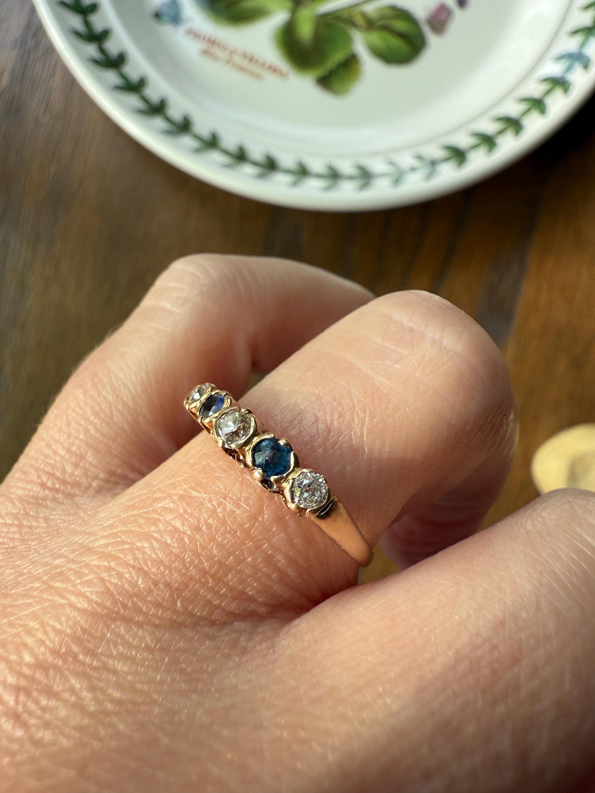 Antique SAPPHIRE Old Mine Cut DIAMOND Natural Blue 14k Gold Five Stone Ring Skinny Band Romantic Gift Stacker Linear Sparkly Victorian OMC