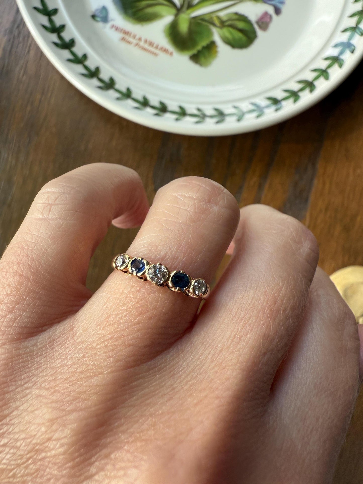 Antique SAPPHIRE Old Mine Cut DIAMOND Natural Blue 14k Gold Five Stone Ring Skinny Band Romantic Gift Stacker Linear Sparkly Victorian OMC