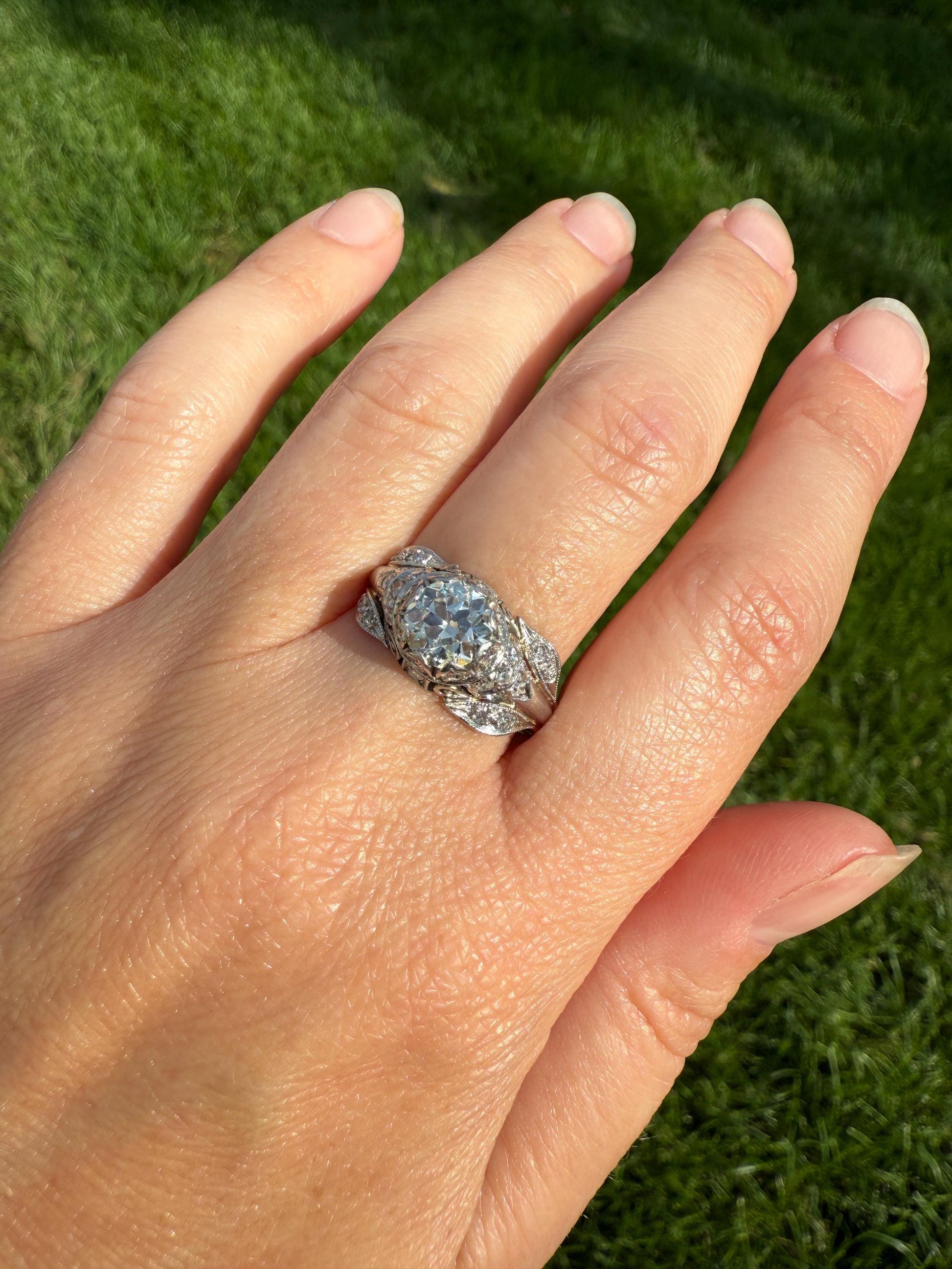 PLATINUM 1.7Ctw Art Deco Old European Cut Diamond Solitaire Engagement Ring w/ Wedding Set Wrap Encrusted Prongs Leaf Filigree Antique c1928