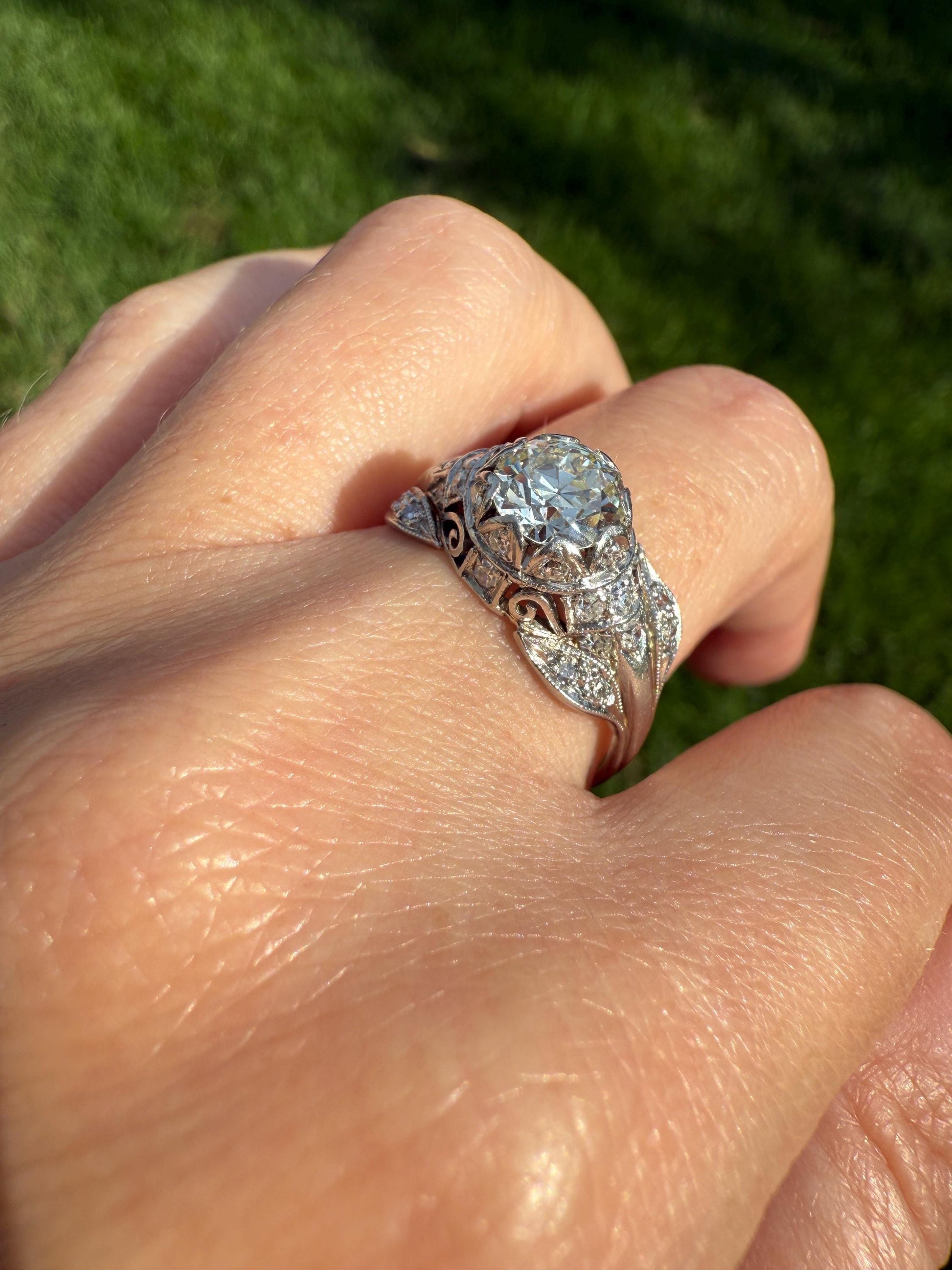 PLATINUM 1.7Ctw Art Deco Old European Cut Diamond Solitaire Engagement Ring w/ Wedding Set Wrap Encrusted Prongs Leaf Filigree Antique c1928