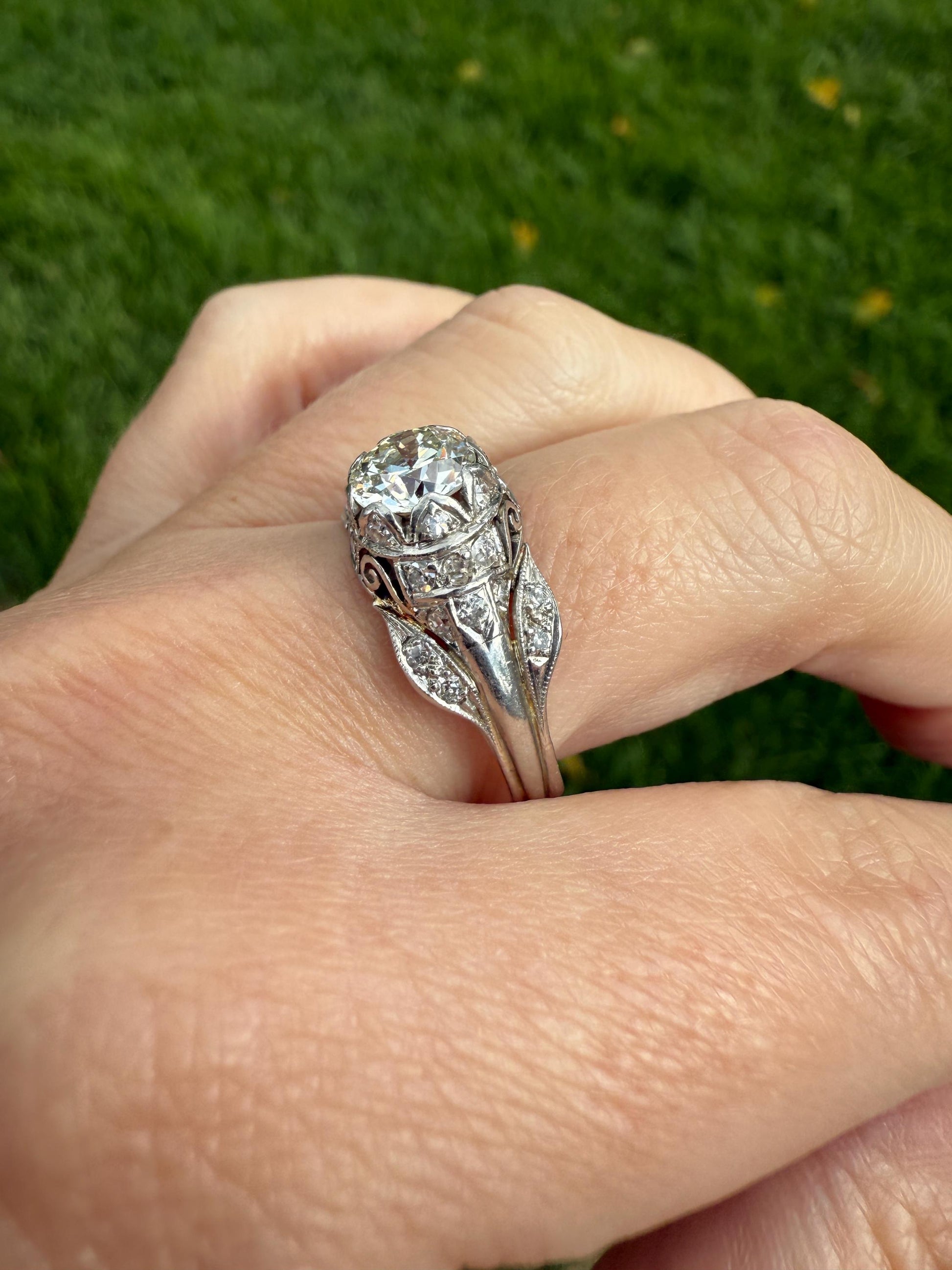 PLATINUM 1.7Ctw Art Deco Old European Cut Diamond Solitaire Engagement Ring w/ Wedding Set Wrap Encrusted Prongs Leaf Filigree Antique c1928