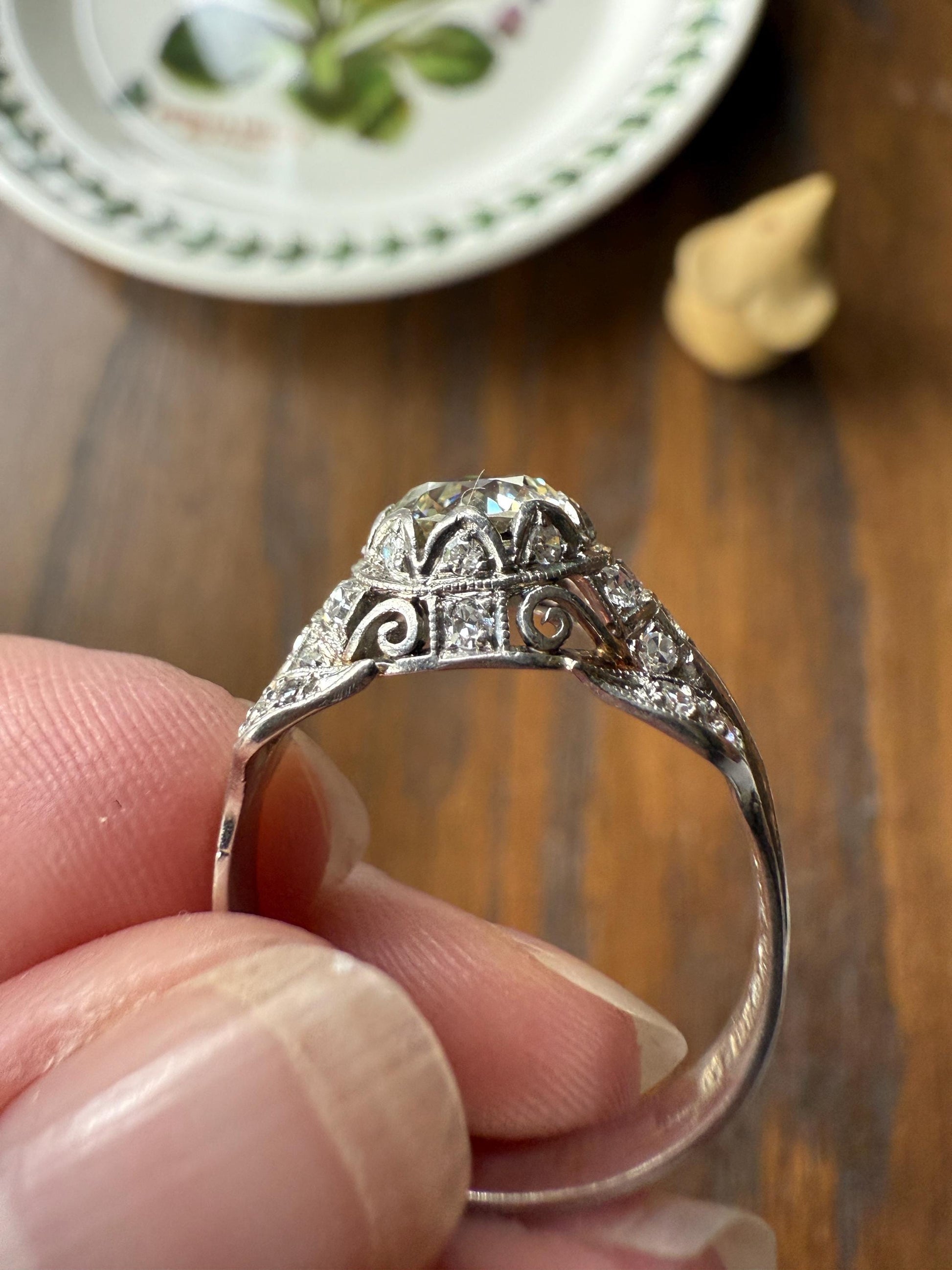 PLATINUM 1.7Ctw Art Deco Old European Cut Diamond Solitaire Engagement Ring w/ Wedding Set Wrap Encrusted Prongs Leaf Filigree Antique c1928