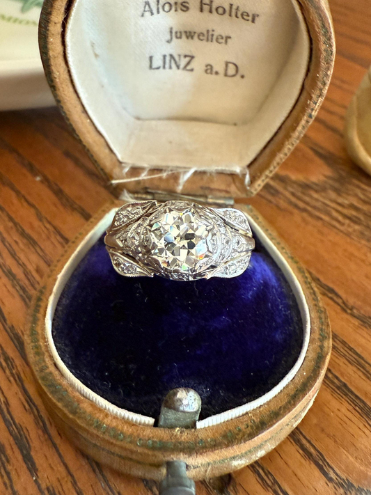PLATINUM 1.7Ctw Art Deco Eye CLEAN Old European Cut Diamond Solitaire Engagement Ring w/ Wedding Set Wrap Encrusted Leaf Prong Antique c1928