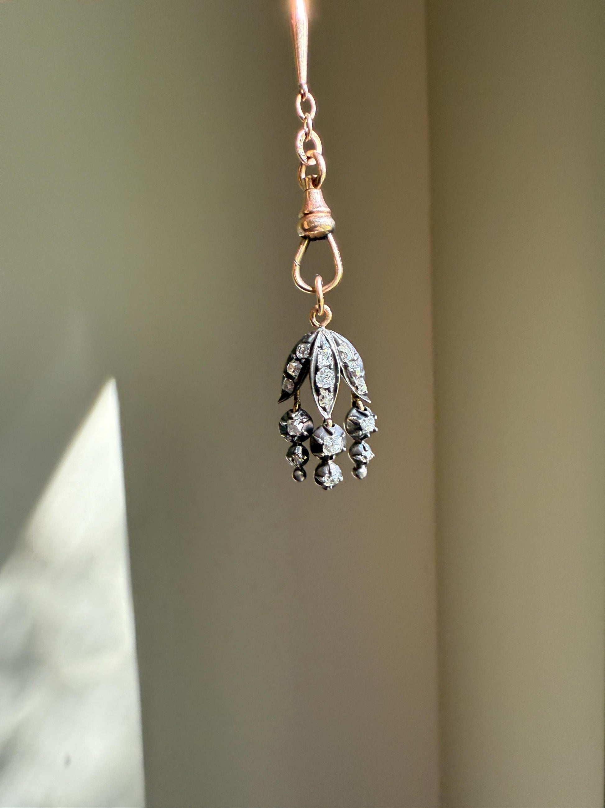 Floral FRINGE Old Mine Cut DIAMOND Drop Pendant 18k Gold Silver Collet Figural 2 Avail Neckmess Neckstack Romantic Gift OMC Dangle Earrings