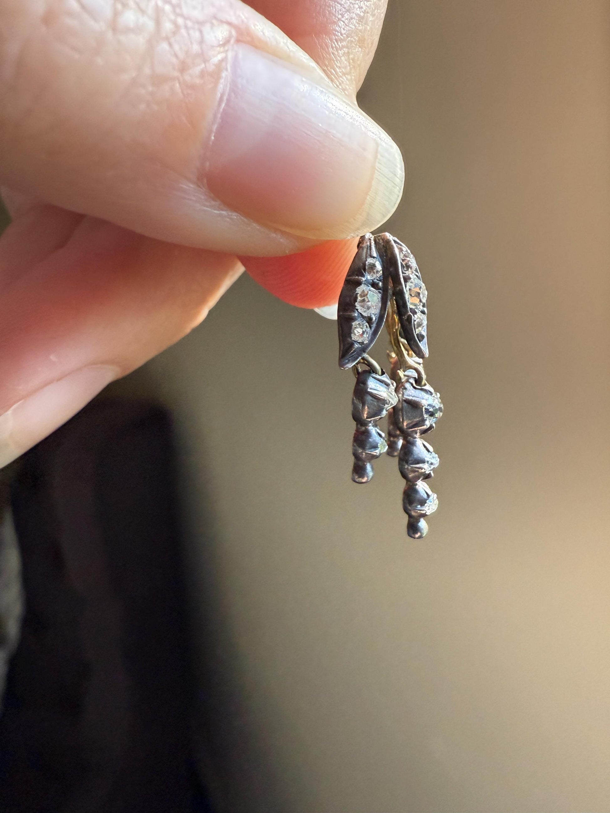 Floral FRINGE Old Mine Cut DIAMOND Drop Pendant 18k Gold Silver Collet Figural 2 Avail Neckmess Neckstack Romantic Gift OMC Dangle Earrings