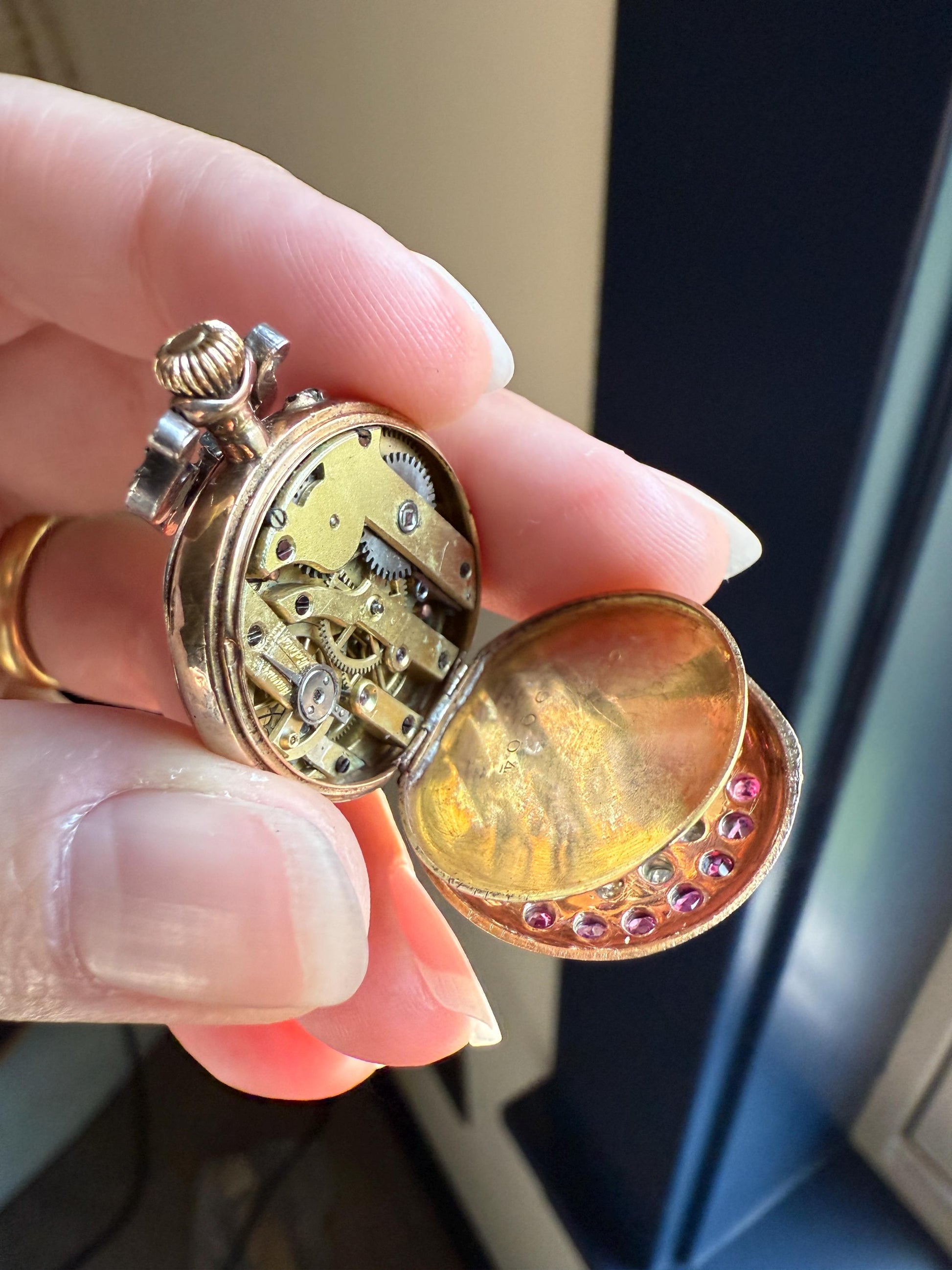 RUBY Rose Cut DIAMONDS French Antique 18k Gold Silver Ladies Chatelaine Pocket Watch Case Pendant Bullseye Target Belle Epoque Locket Pink