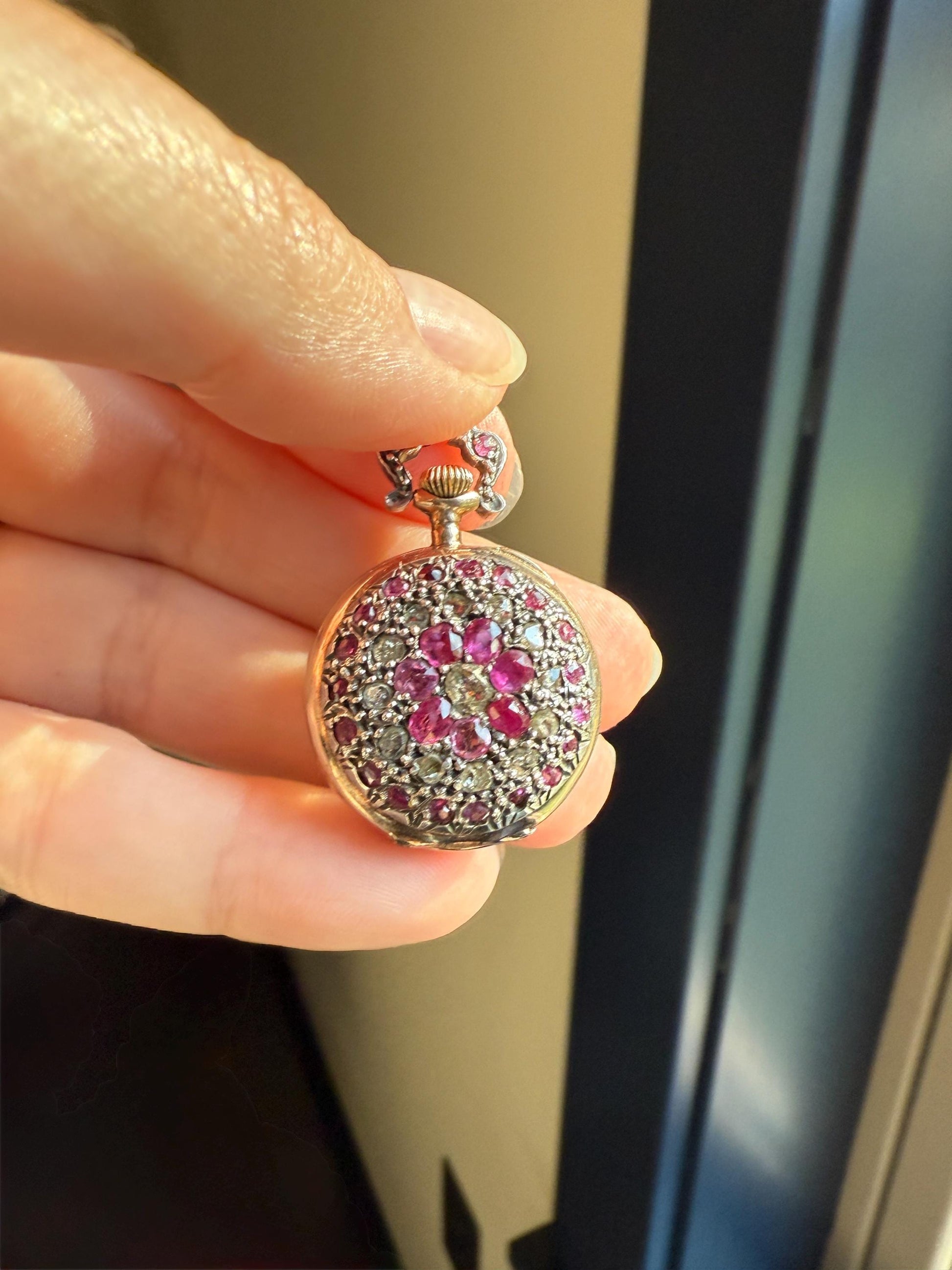 RUBY Rose Cut DIAMONDS French Antique 18k Gold Silver Ladies Chatelaine Pocket Watch Case Pendant Bullseye Target Belle Epoque Locket Pink