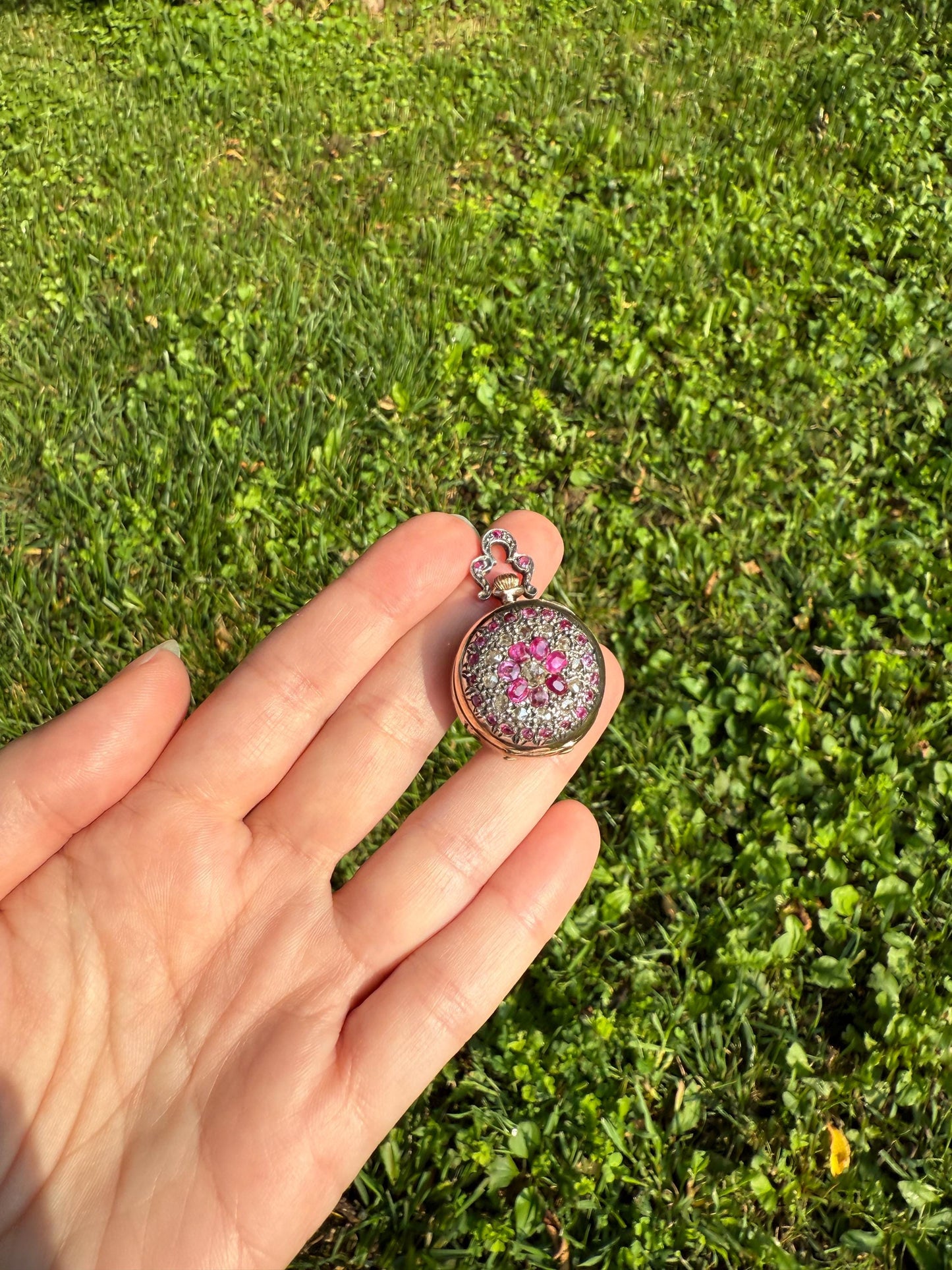 RUBY Rose Cut DIAMONDS French Antique 18k Gold Silver Ladies Chatelaine Pocket Watch Case Pendant Bullseye Target Belle Epoque Locket Pink