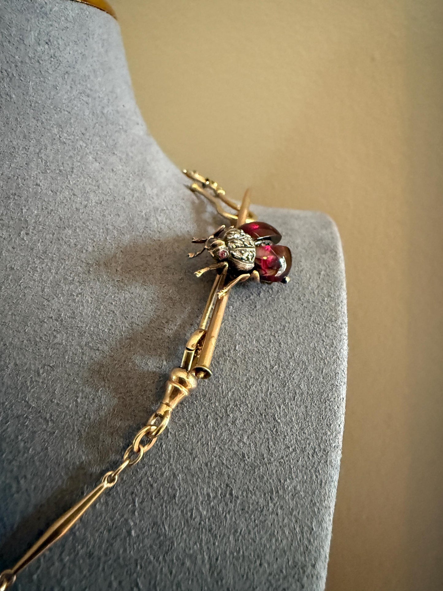 Ladybug BUG Beetle GARNET Wing Rose Cut Diamond French Antique Victorian Figural Pin Brooch for Pendant 18k Gold Gift Red Scarab Connector