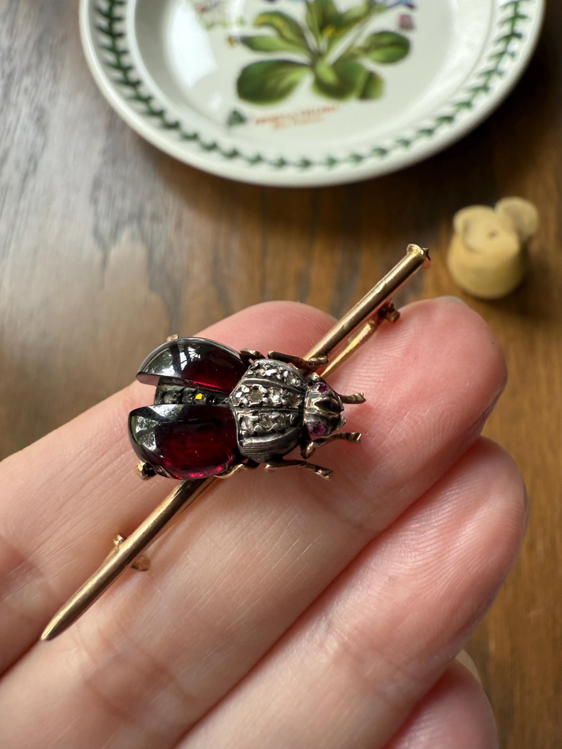 Ladybug BUG Beetle GARNET Wing Rose Cut Diamond French Antique Victorian Figural Pin Brooch for Pendant 18k Gold Gift Red Scarab Connector