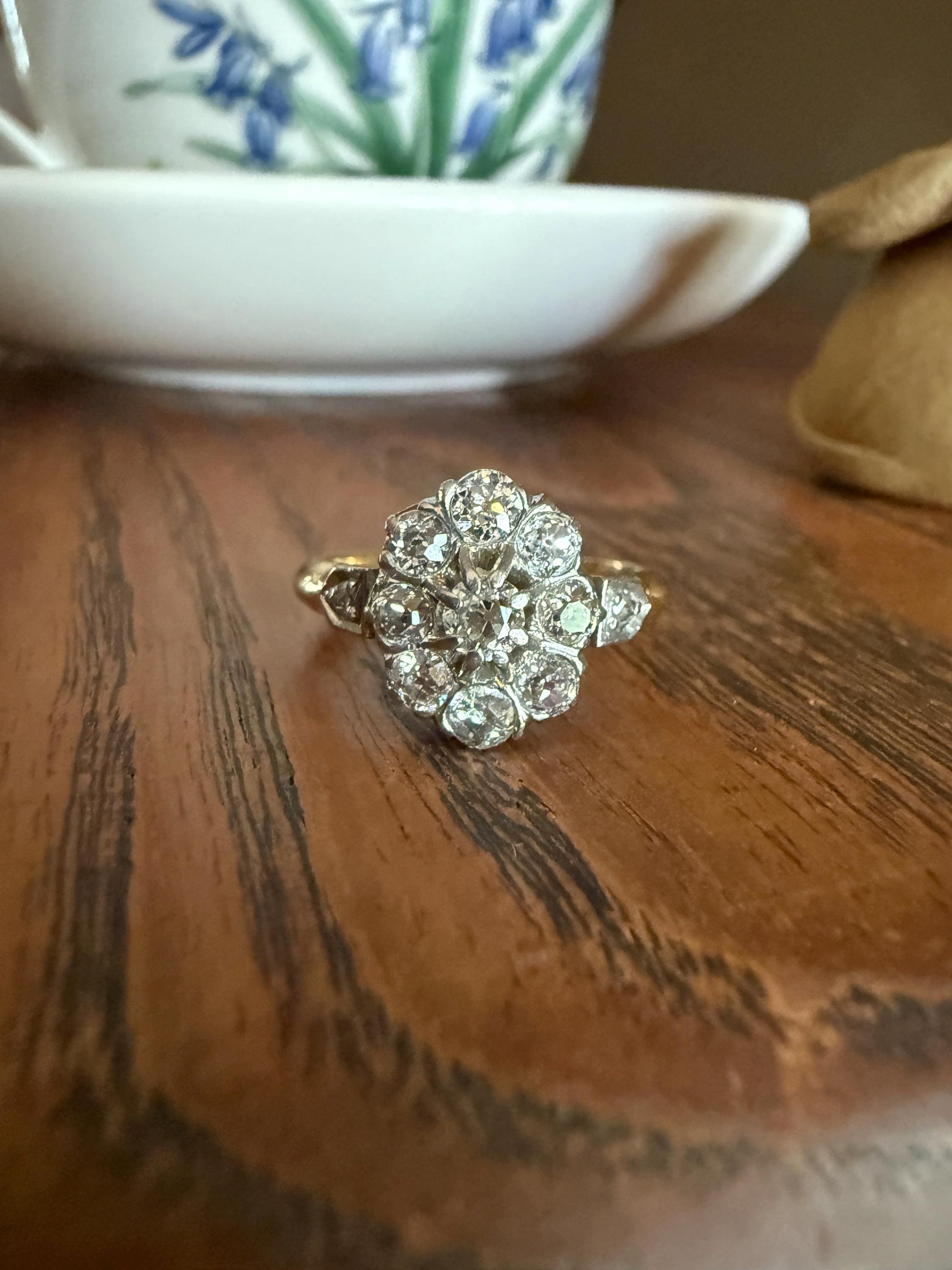 OVAL .9 Carat Old Mine Cut DIAMOND Cluster Ring Victorian French Antique Hallmark 18k Gold Band Platinum Stacker Romantic Gift OMC
