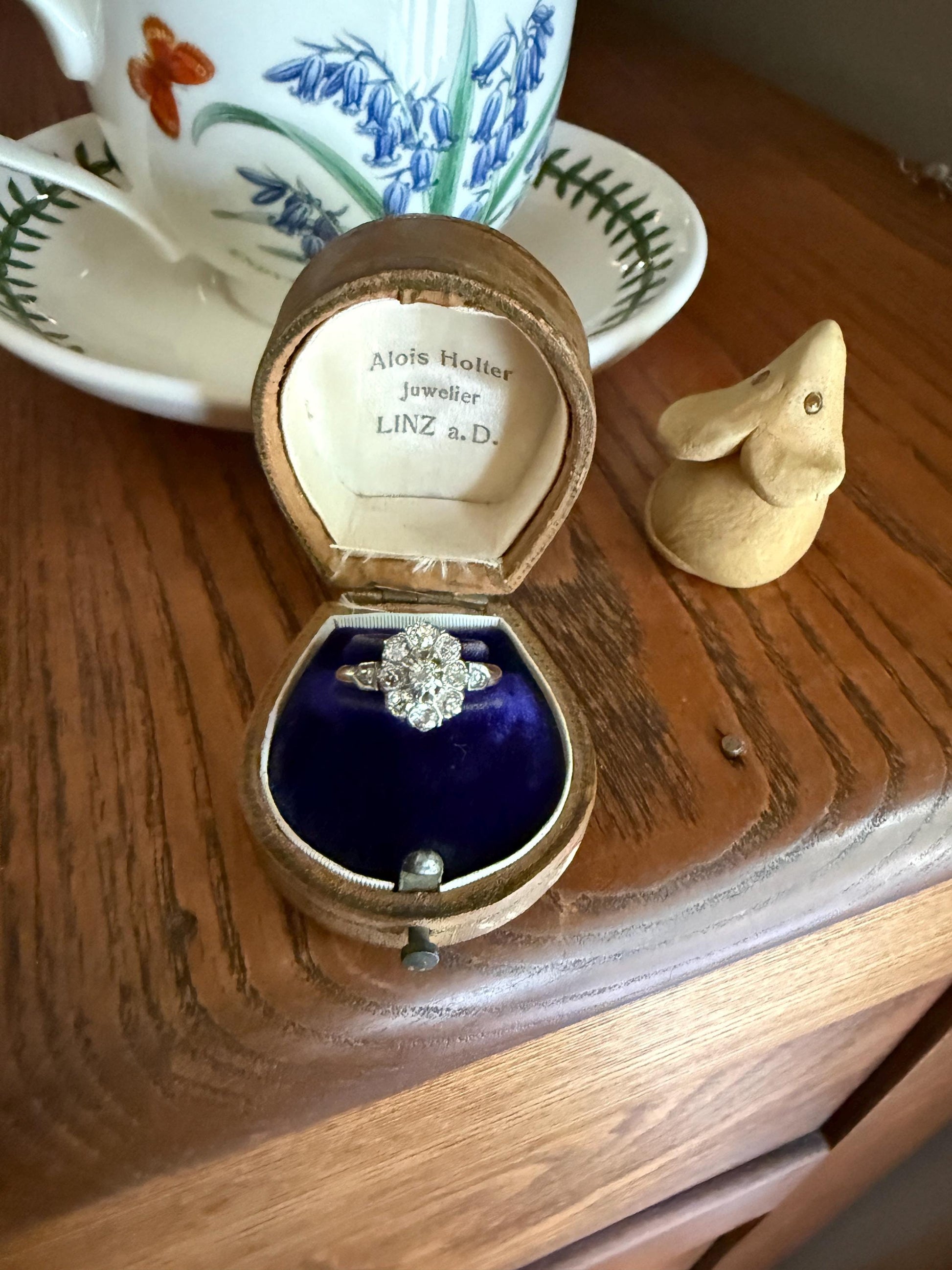 OVAL .9 Carat Old Mine Cut DIAMOND Cluster Ring Victorian French Antique Hallmark 18k Gold Band Platinum Stacker Romantic Gift OMC