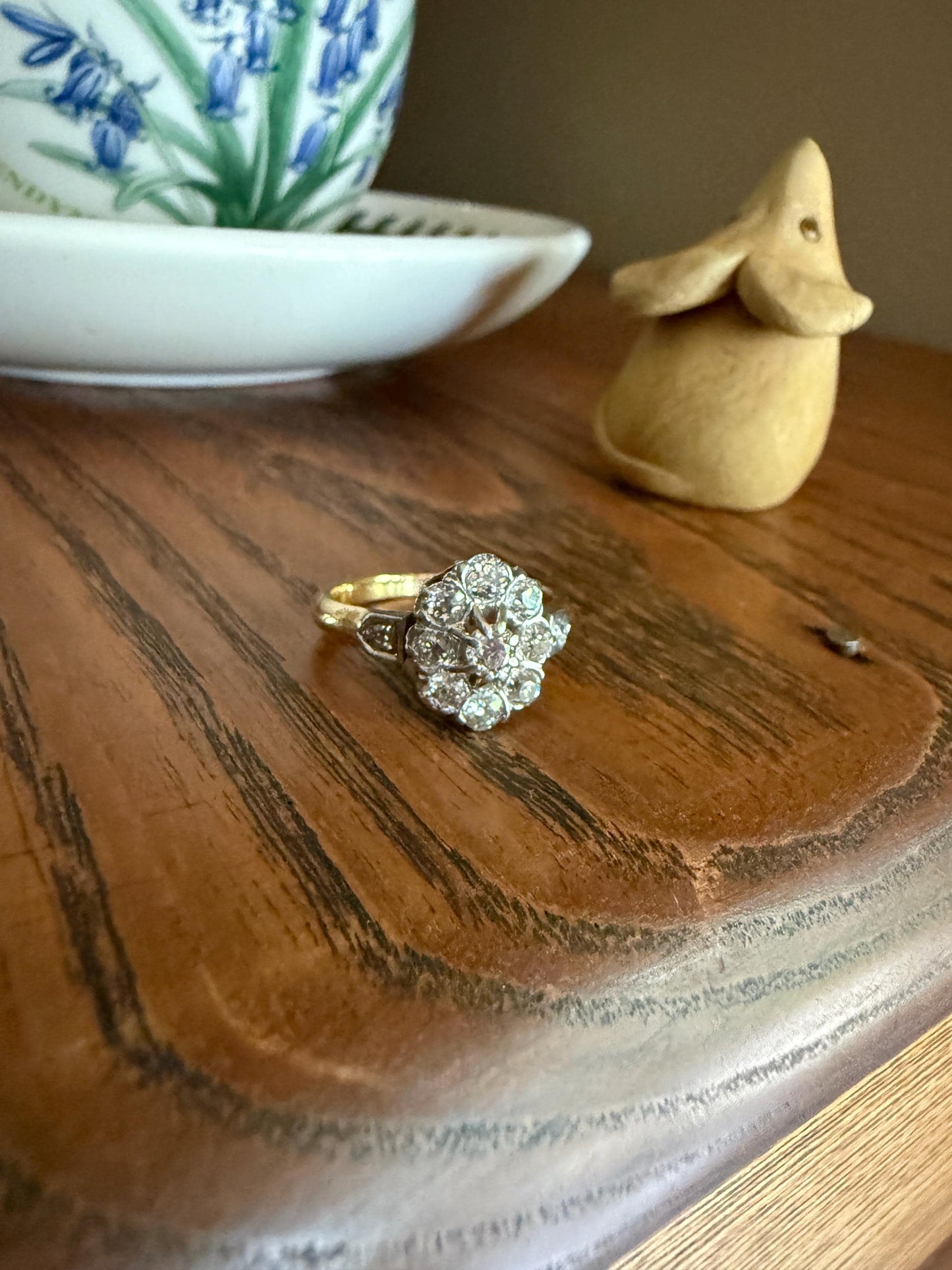OVAL .9 Carat Old Mine Cut DIAMOND Cluster Ring Victorian French Antique Hallmark 18k Gold Band Platinum Stacker Romantic Gift OMC