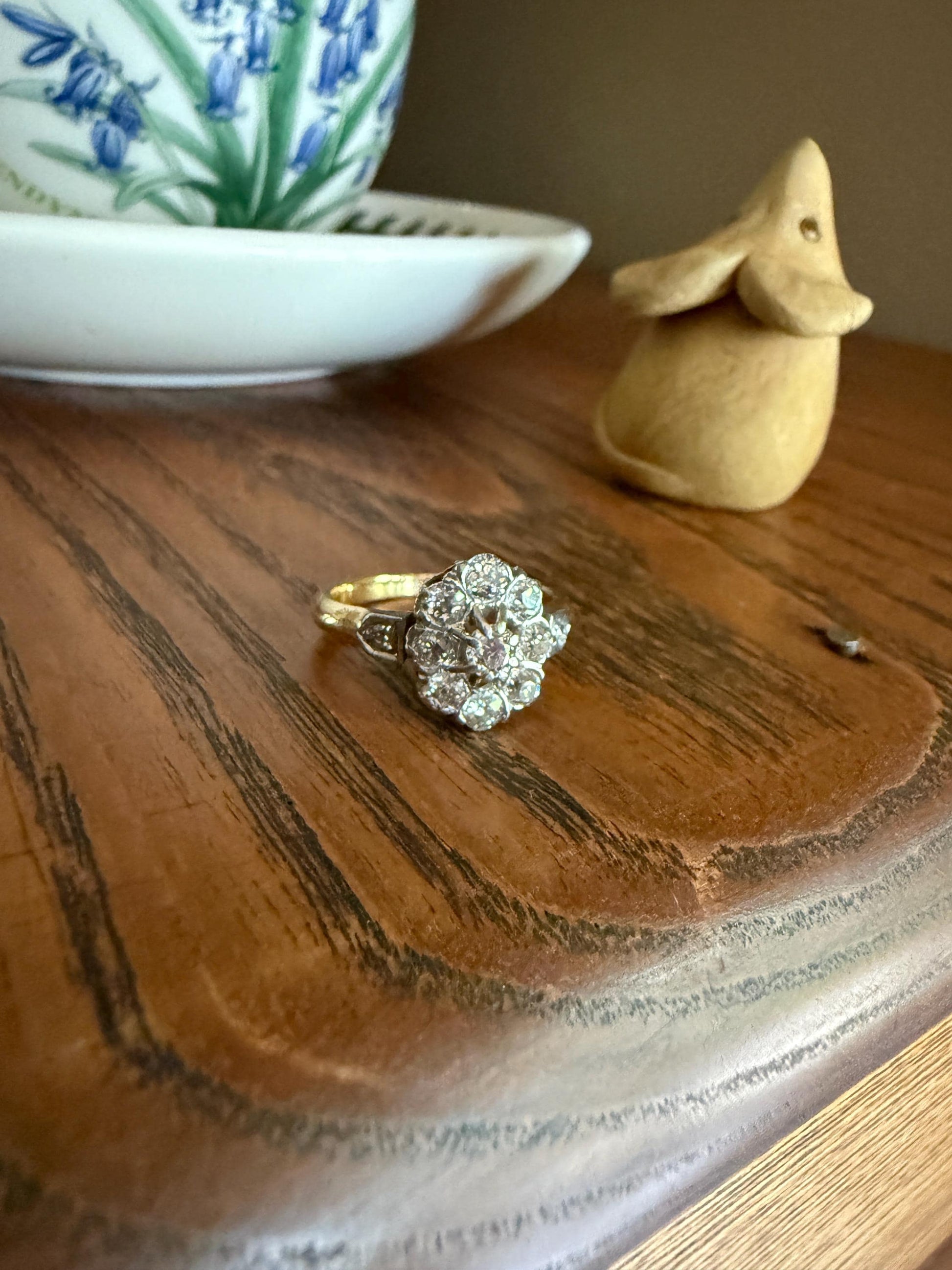 OVAL .9 Carat Old Mine Cut DIAMOND Cluster Ring Victorian French Antique Hallmark 18k Gold Band Platinum Stacker Romantic Gift OMC