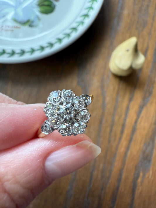 OVAL .9 Carat Old Mine Cut DIAMOND Cluster Ring Victorian French Antique Hallmark 18k Gold Band Platinum Stacker Romantic Gift OMC