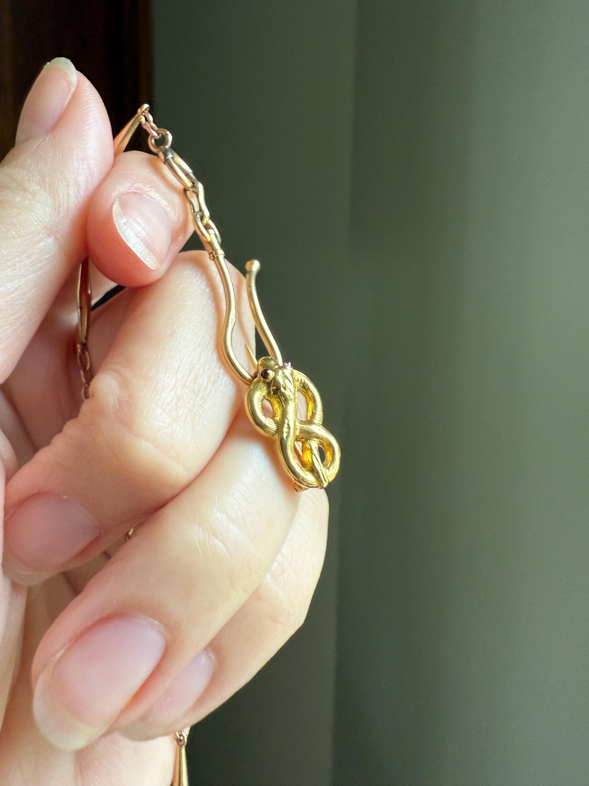 Coiled SNAKE Georgian to early Victorian Antique Figural Pin Brooch for Pendant 18k Gold Ruby Eyes Unique Gift Extender Connector