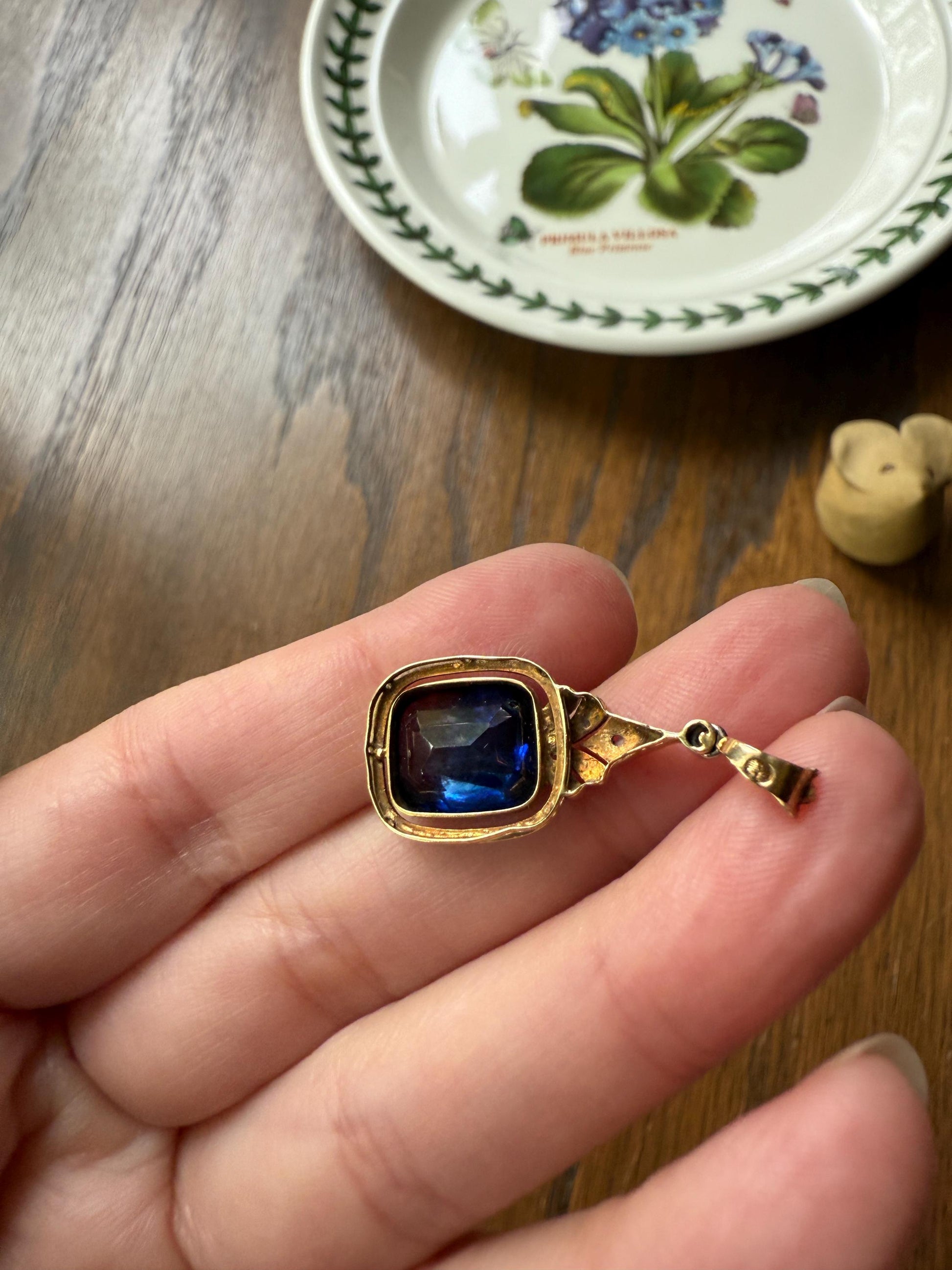 Buff Top SAPPHIRE Antique Edwardian 18k Gold Rose Cut Diamond Pendant White Enamel Halo Something Blue Gift Bridal Drop Dangle