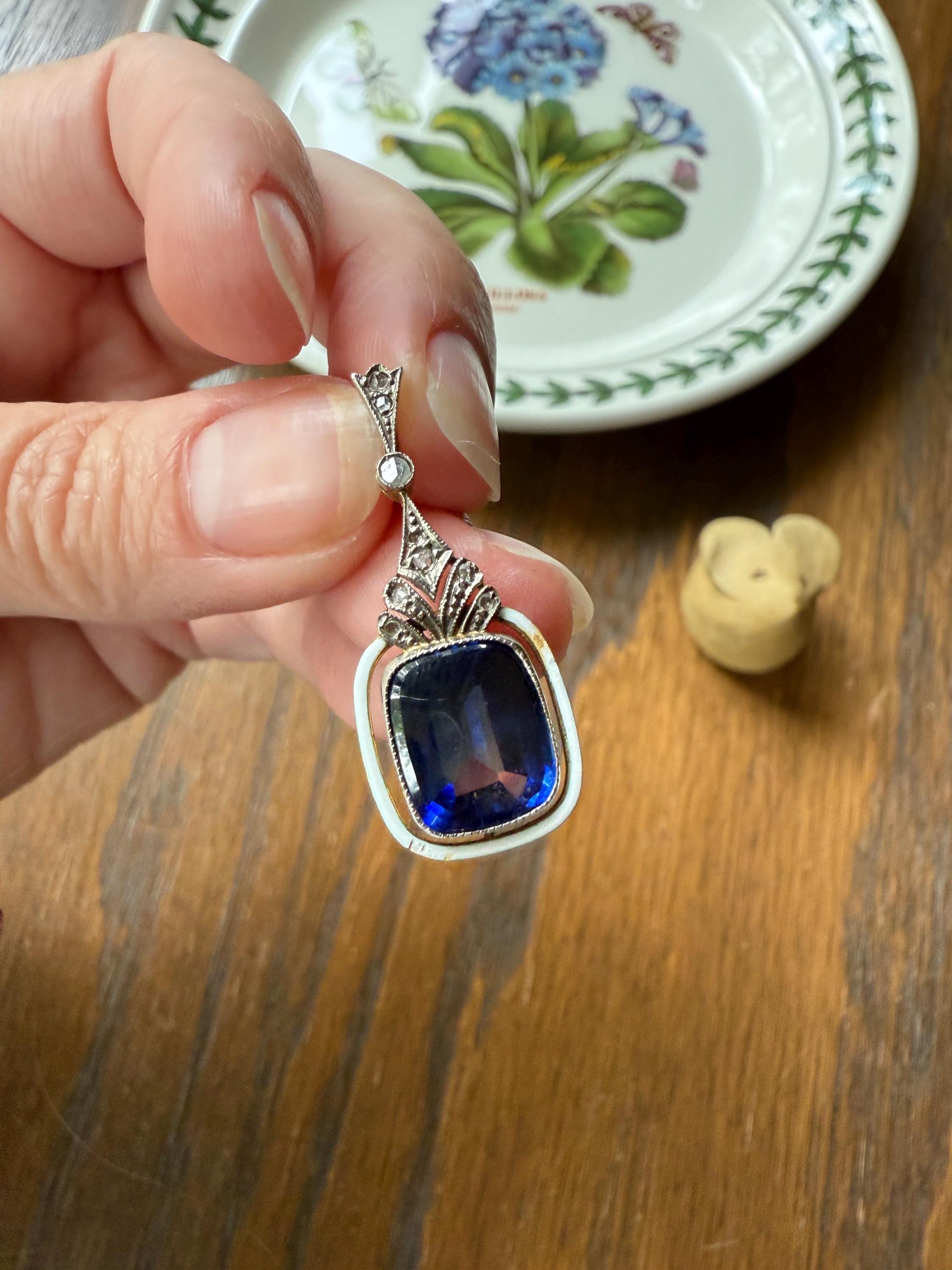 Buff Top SAPPHIRE Antique Edwardian 18k Gold Rose Cut Diamond Pendant White Enamel Halo Something Blue Gift Bridal Drop Dangle