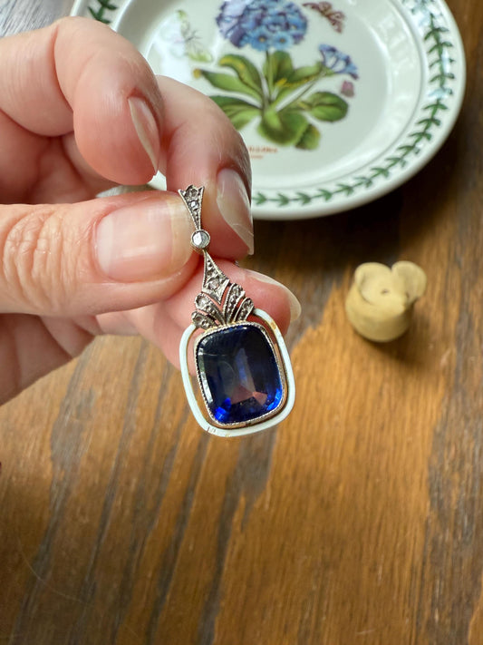 Buff Top SAPPHIRE Antique Edwardian 18k Gold Rose Cut Diamond Pendant White Enamel Halo Something Blue Gift Bridal Drop Dangle
