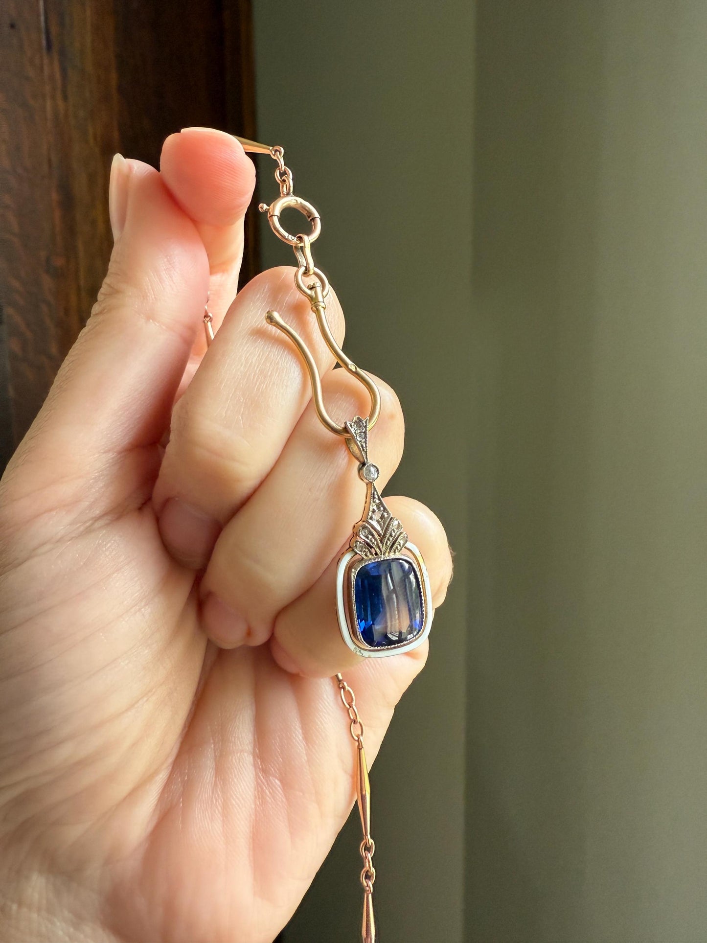 Buff Top SAPPHIRE Antique Edwardian 18k Gold Rose Cut Diamond Pendant White Enamel Halo Something Blue Gift Bridal Drop Dangle