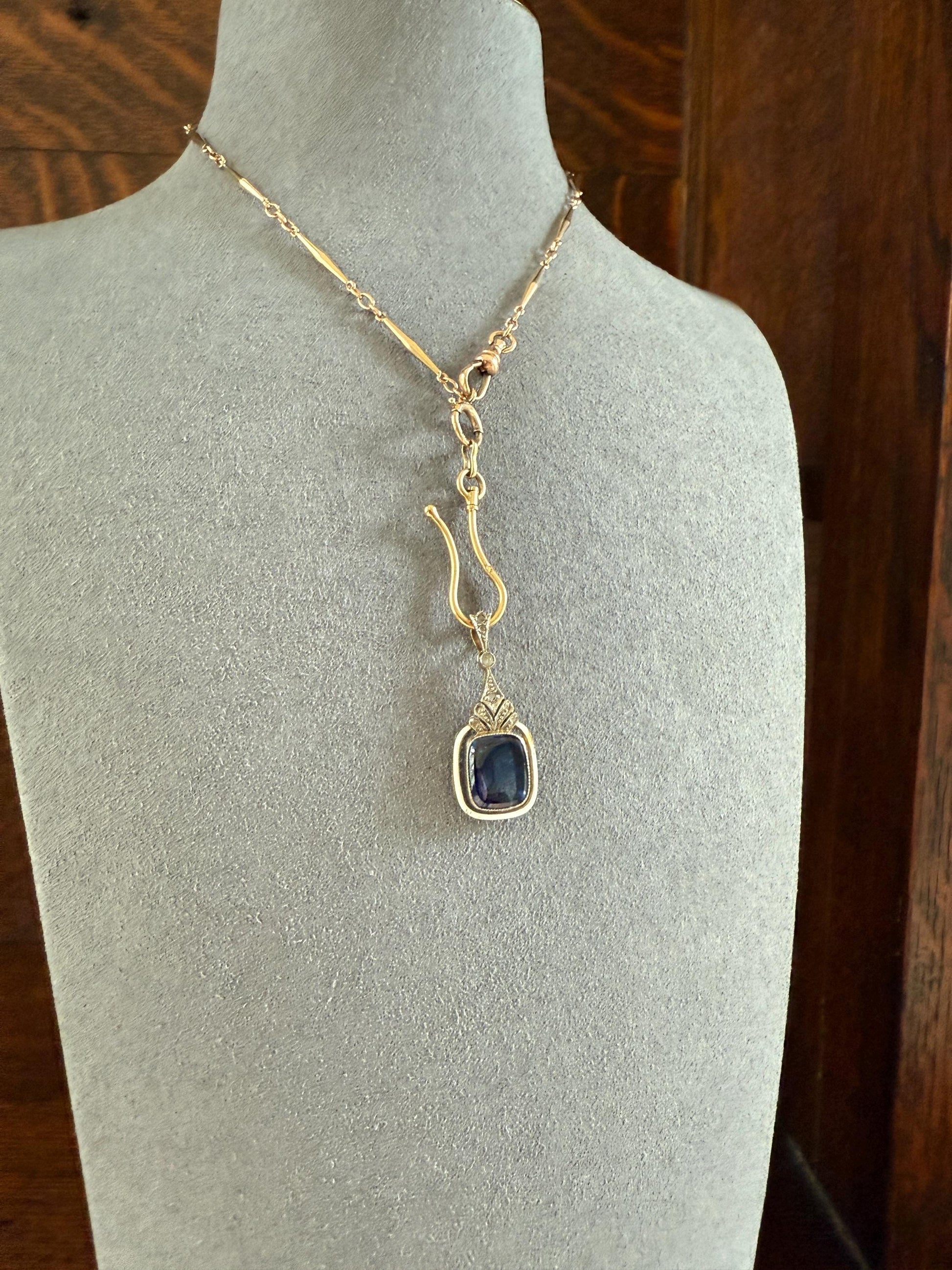 Buff Top SAPPHIRE Antique Edwardian 18k Gold Rose Cut Diamond Pendant White Enamel Halo Something Blue Gift Bridal Drop Dangle