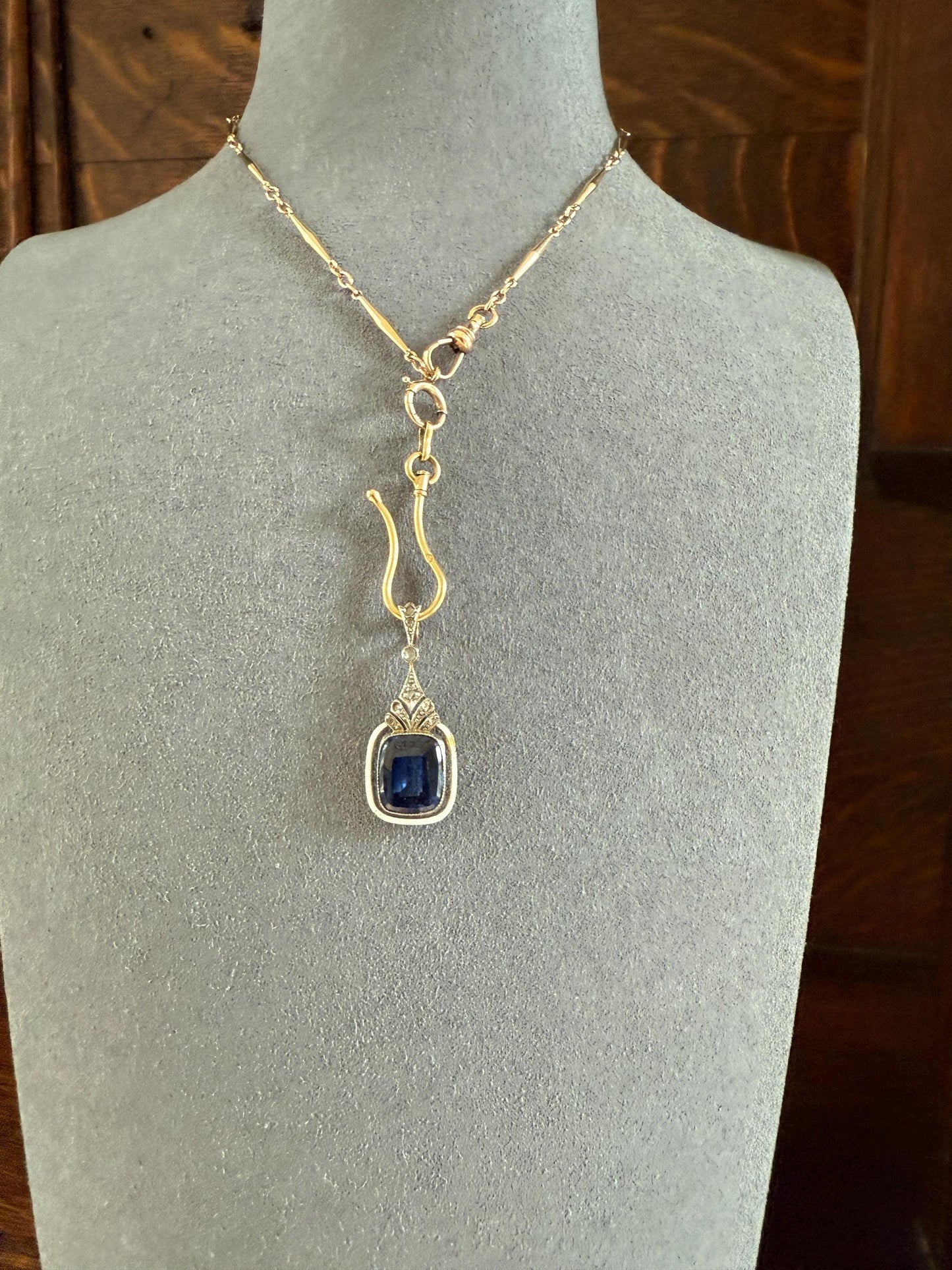 Buff Top SAPPHIRE Antique Edwardian 18k Gold Rose Cut Diamond Pendant White Enamel Halo Something Blue Gift Bridal Drop Dangle