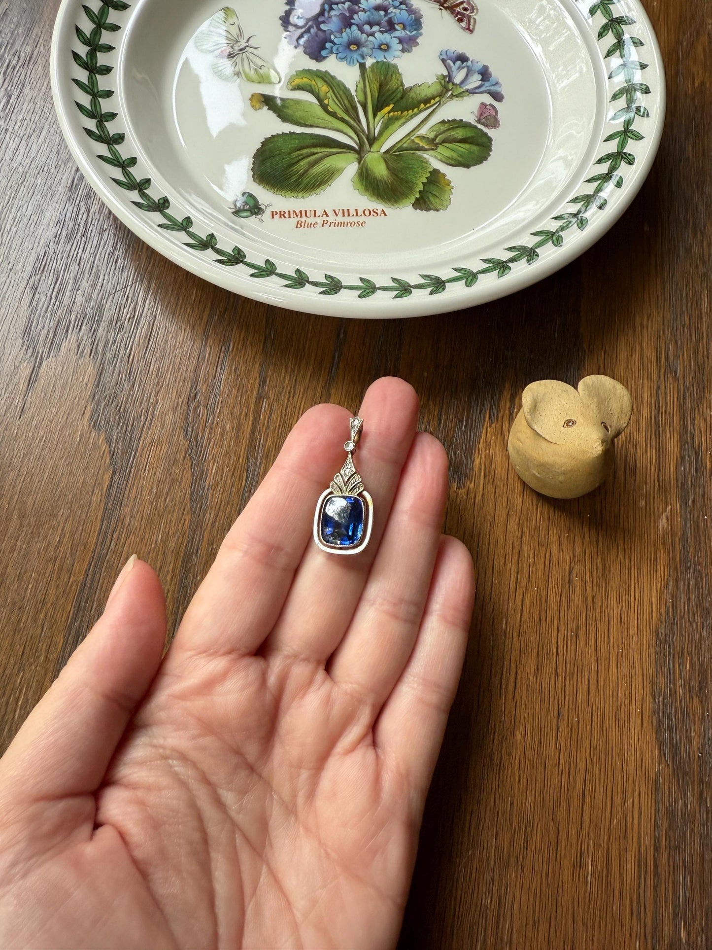 Buff Top SAPPHIRE Antique Edwardian 18k Gold Rose Cut Diamond Pendant White Enamel Halo Something Blue Gift Bridal Drop Dangle
