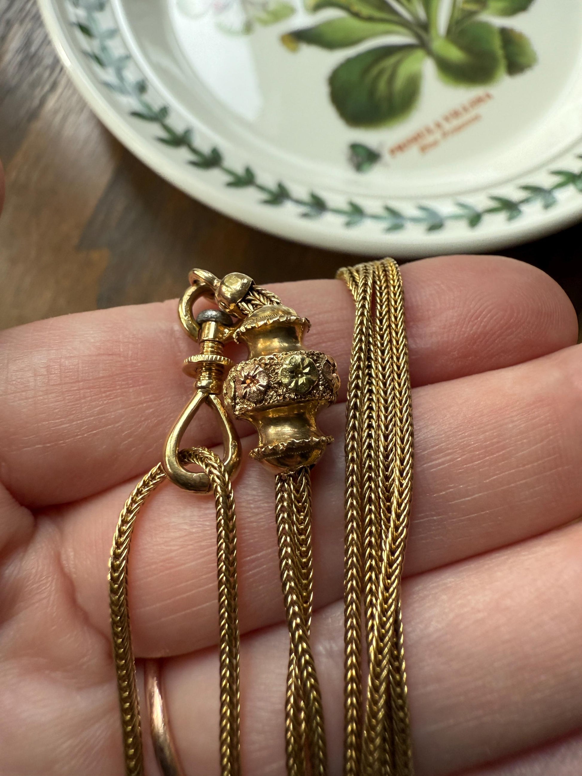 French VICTORIAN Floral Tricolor 18k Gold 20g X- Long Guard Box Link Muff Double Chain Necklace w/ Slide & Dog Clip Pendant Holder Bracelet