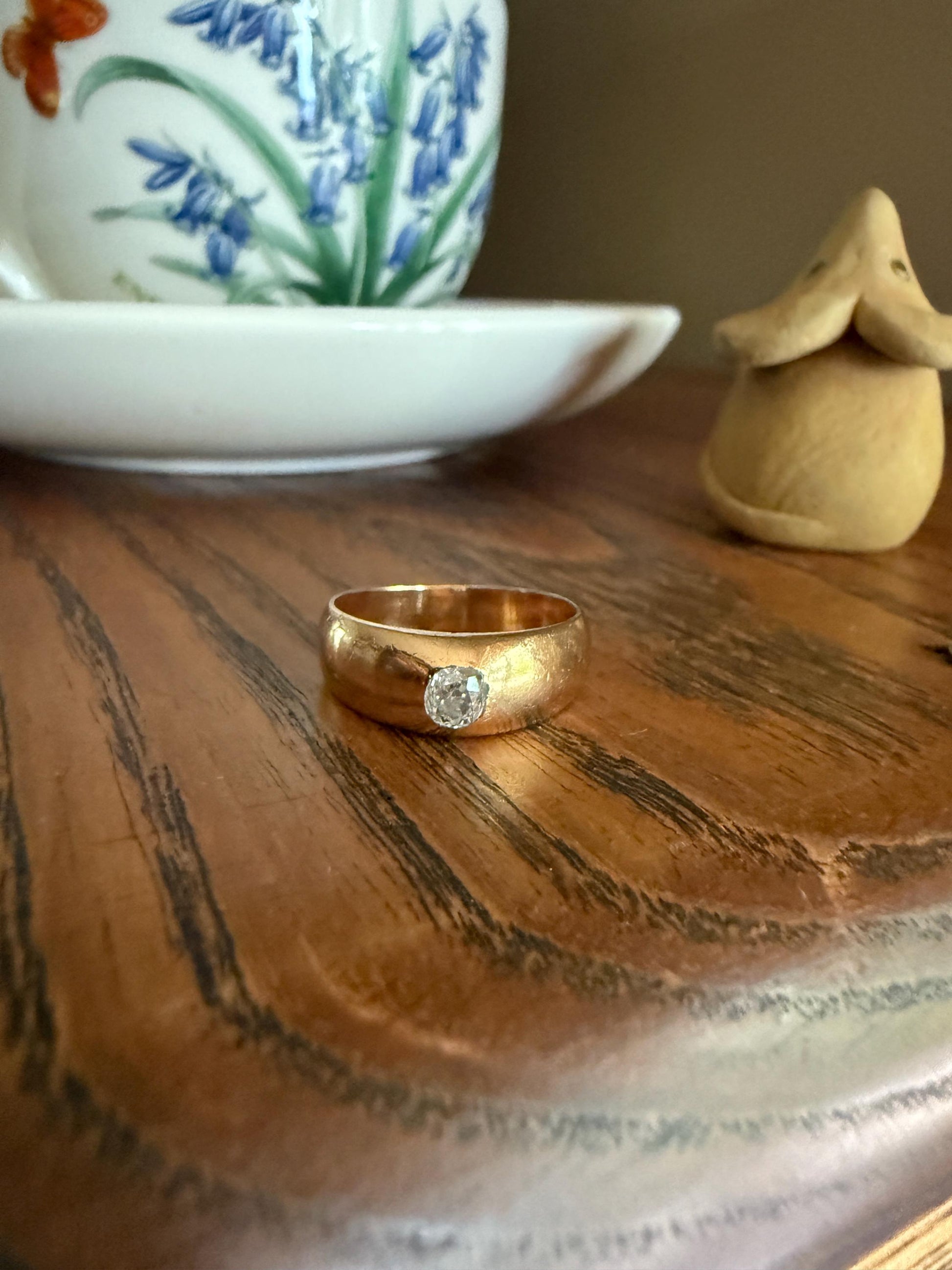 French Antique .3 Carat Old Mine Cut Diamond Gypsy Ring 18k GOLD Domed Band Solitaire Stacker Art Deco Romantic Gift Unisex Man Lady