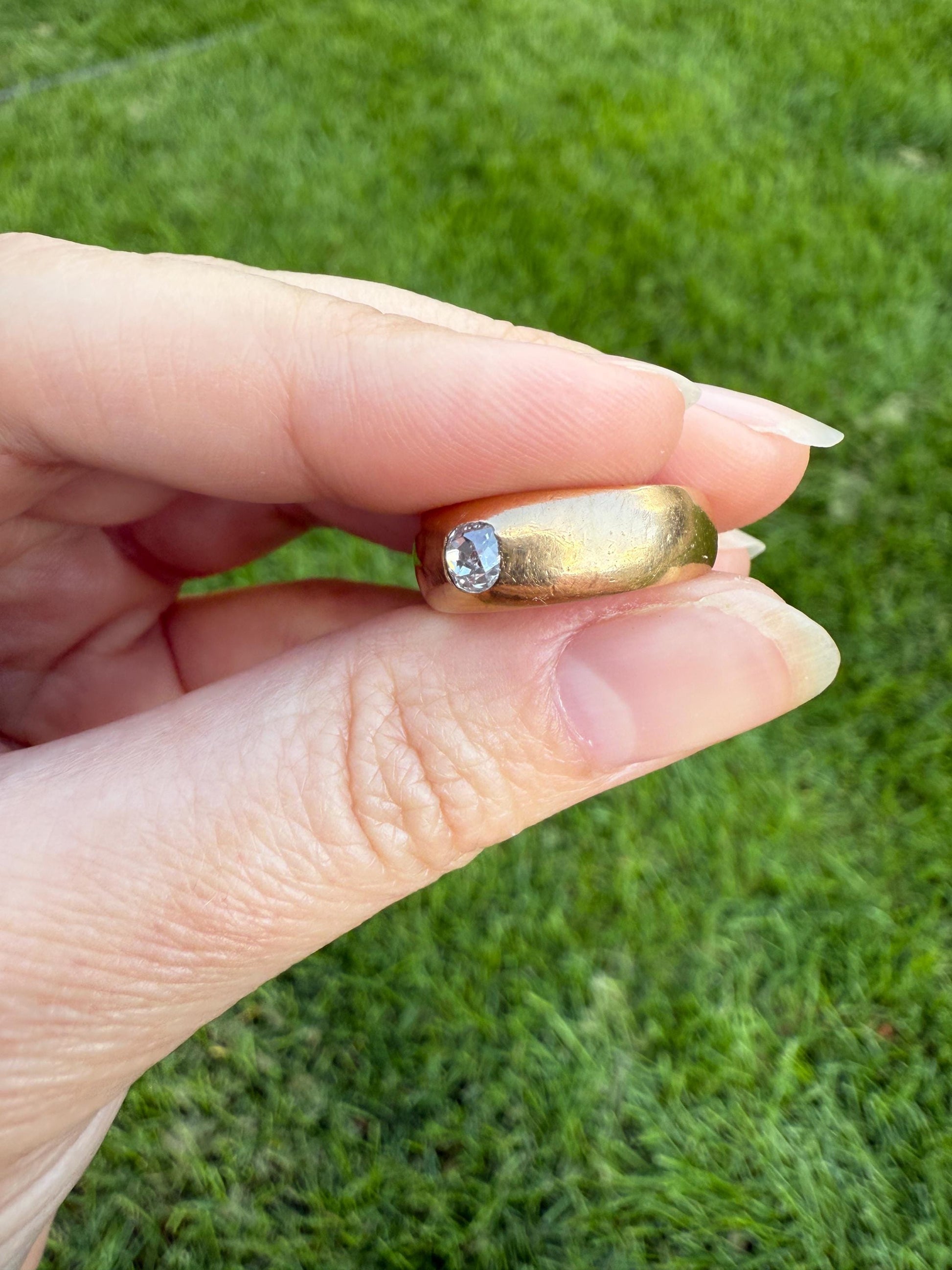French Antique .3 Carat Old Mine Cut Diamond Gypsy Ring 18k GOLD Domed Band Solitaire Stacker Art Deco Romantic Gift Unisex Man Lady