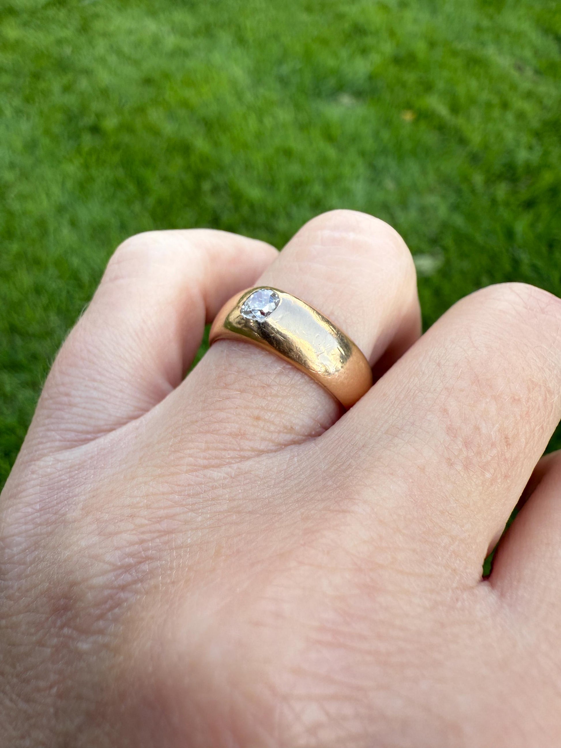 French Antique .3 Carat Old Mine Cut Diamond Gypsy Ring 18k GOLD Domed Band Solitaire Stacker Art Deco Romantic Gift Unisex Man Lady