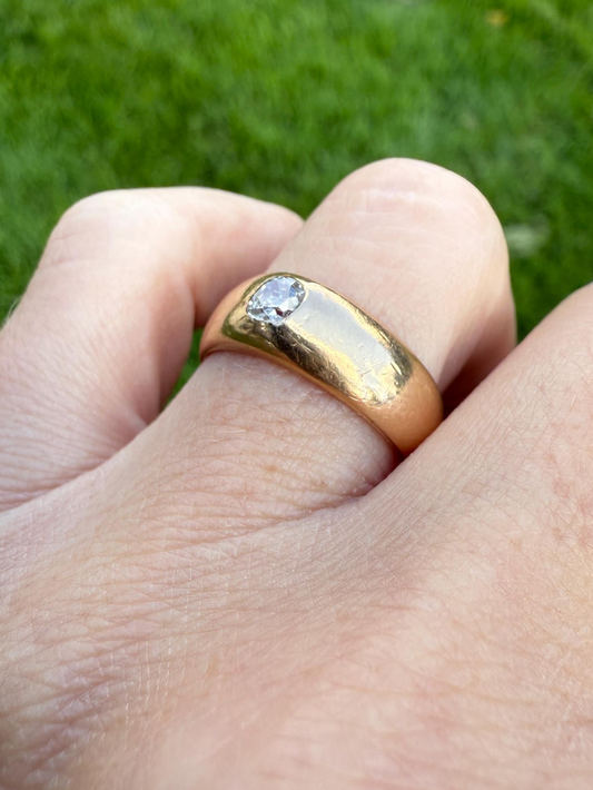 French Antique .3 Carat Old Mine Cut Diamond Gypsy Ring 18k GOLD Domed Band Solitaire Stacker Victorian Man Unisex
