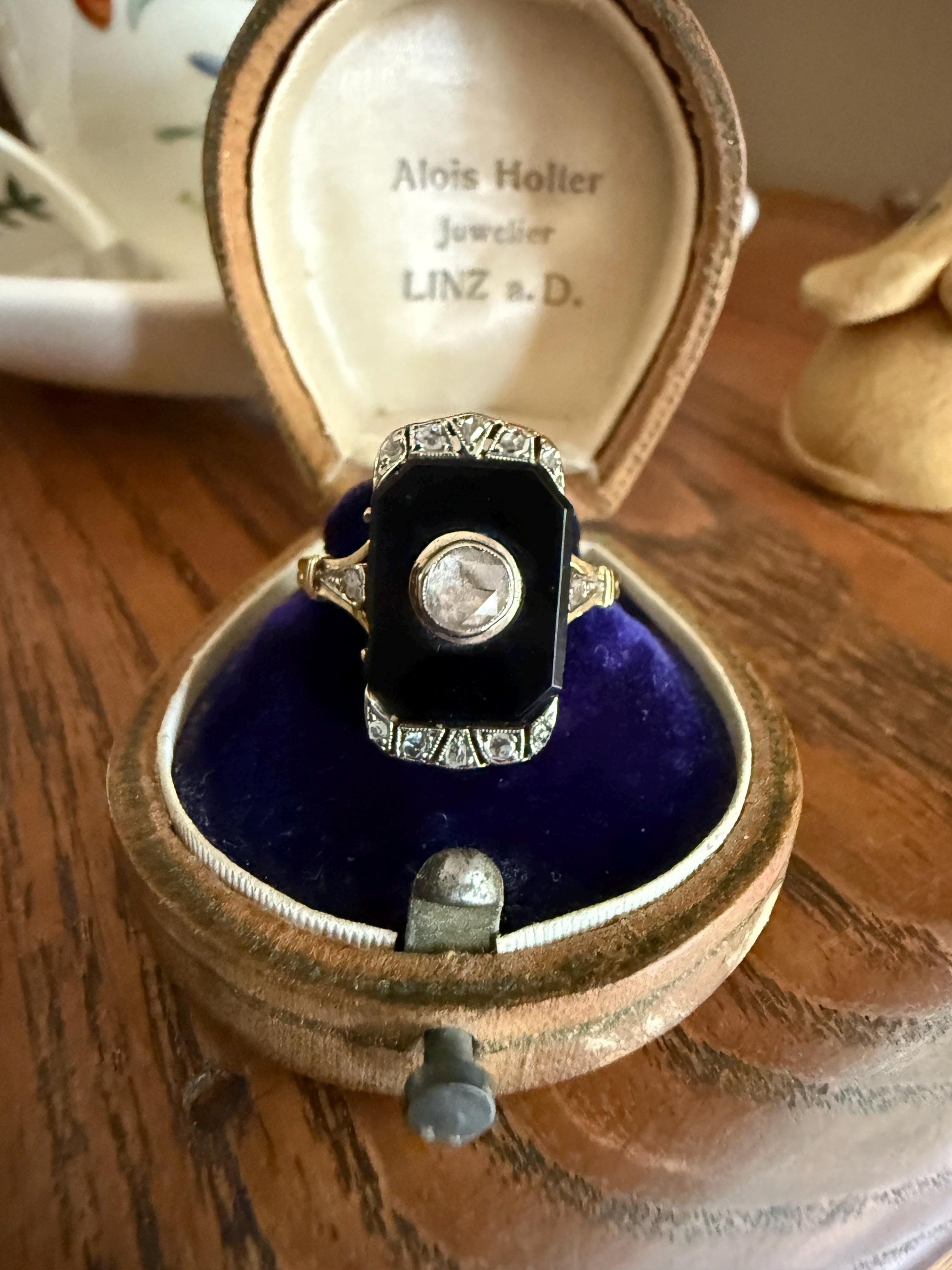 Art Deco ANTIQUE Black Onyx Rose Cut Diamond Plaque Ring 18k Gold Bezel Set RC Inlay Platform Ornate Sparkle Romantic Gift