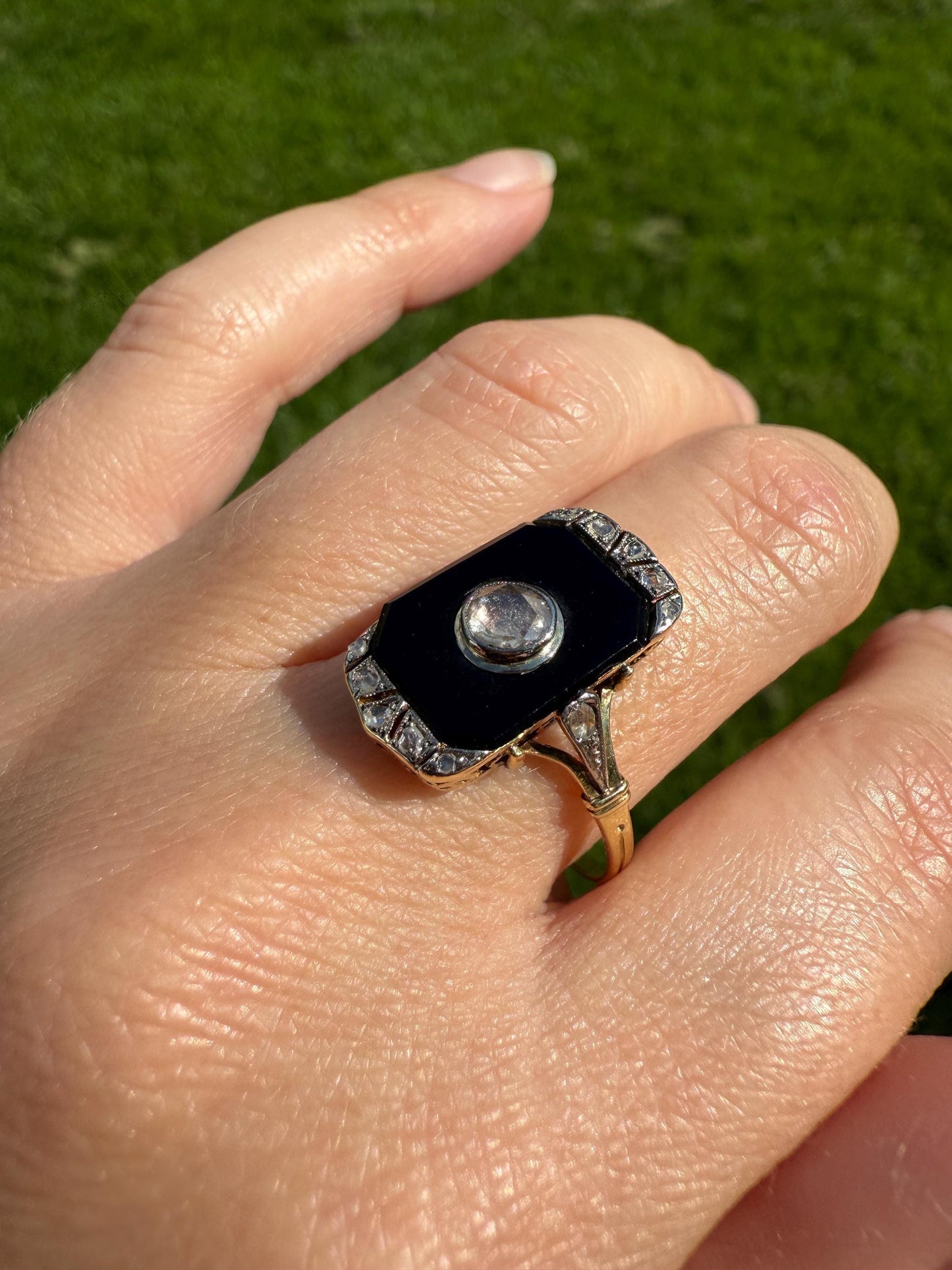 Art Deco ANTIQUE Black Onyx Rose Cut Diamond Plaque Ring 18k Gold Bezel Set RC Inlay Platform Ornate Sparkle Romantic Gift