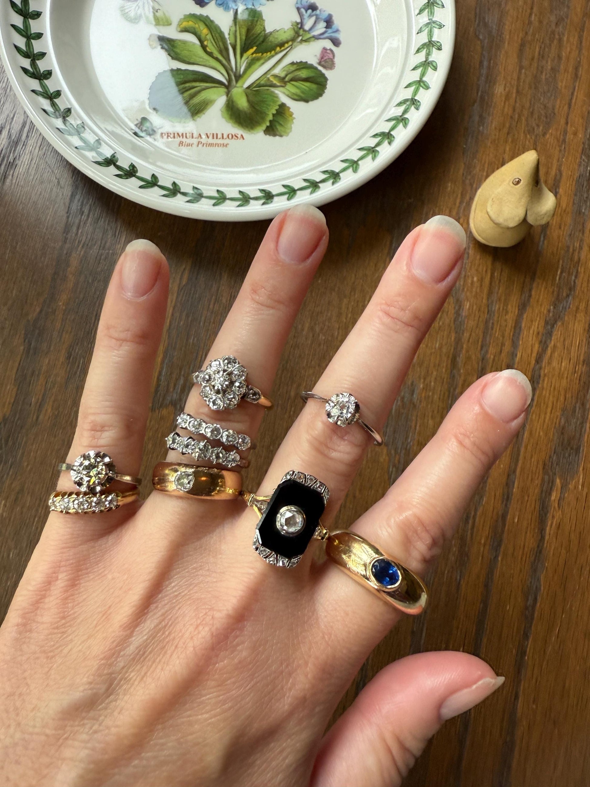Art Deco ANTIQUE Black Onyx Rose Cut Diamond Plaque Ring 18k Gold Bezel Set RC Inlay Platform Ornate Sparkle Romantic Gift
