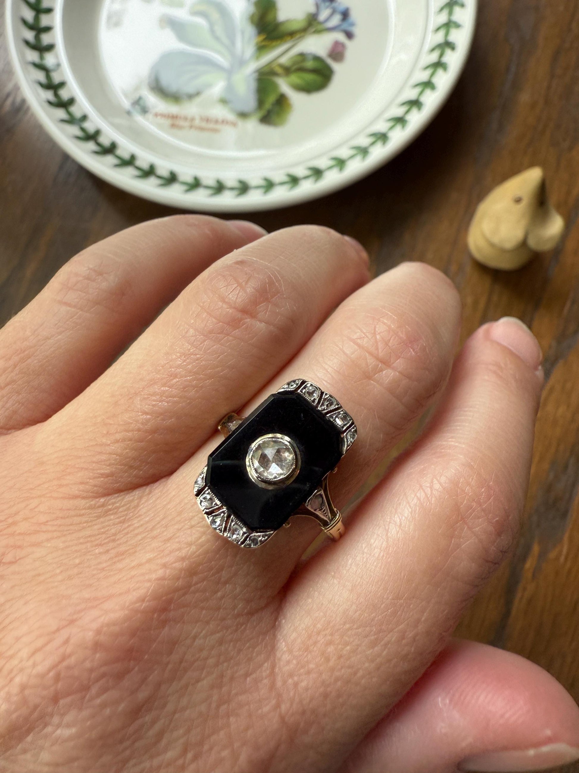 Art Deco ANTIQUE Black Onyx Rose Cut Diamond Plaque Ring 18k Gold Bezel Set RC Inlay Platform Ornate Sparkle Romantic Gift