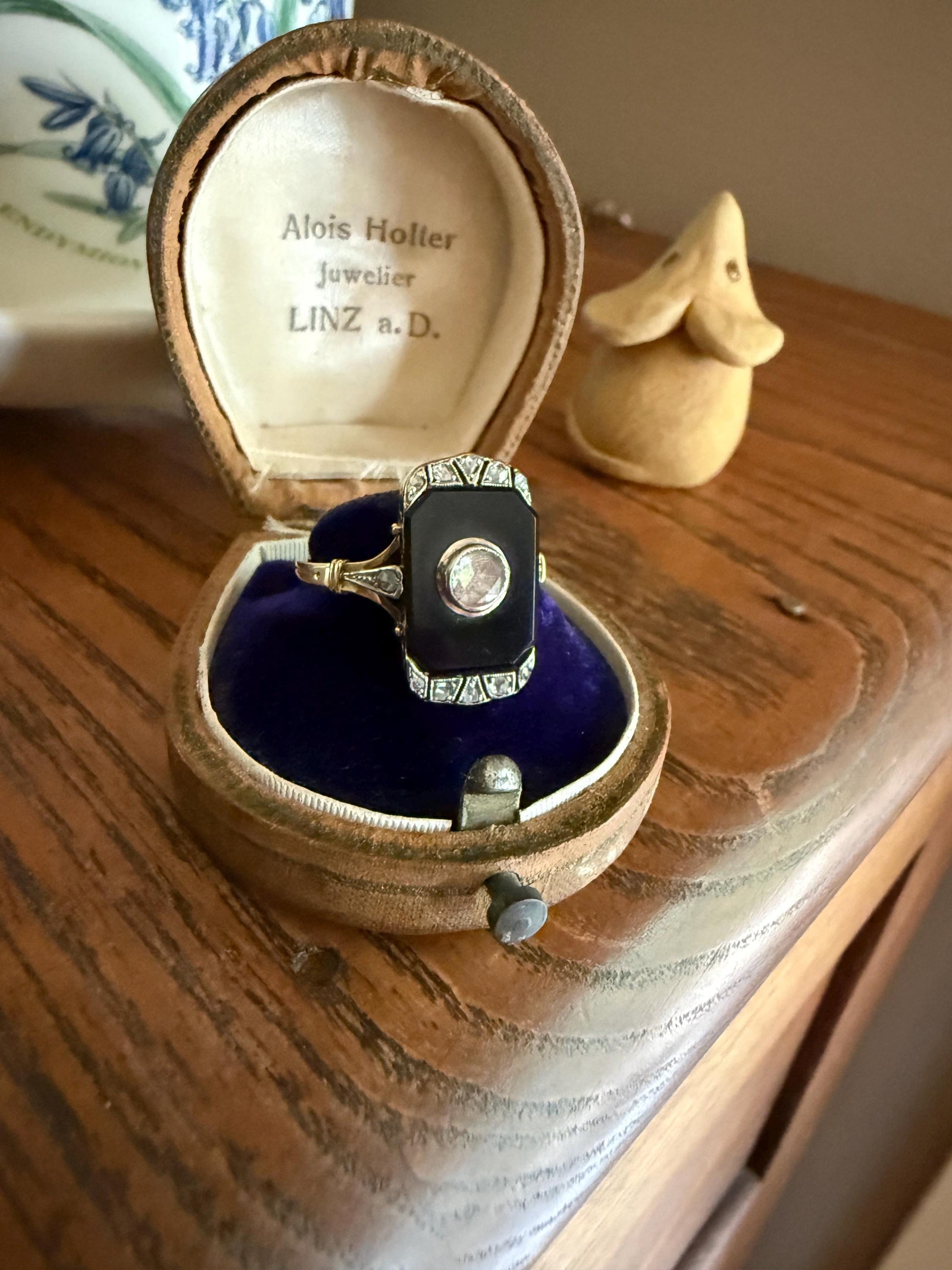 Art Deco ANTIQUE Black Onyx Rose Cut Diamond Plaque Ring 18k Gold Bezel Set RC Inlay Platform Ornate Sparkle Romantic Gift