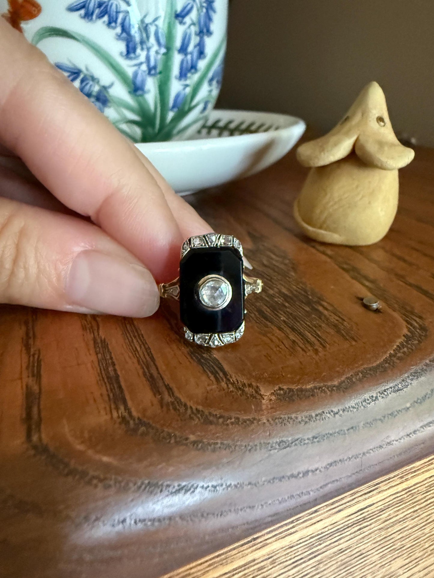 Art Deco ANTIQUE Black Onyx Rose Cut Diamond Plaque Ring 18k Gold Bezel Set RC Inlay Platform Ornate Sparkle Romantic Gift