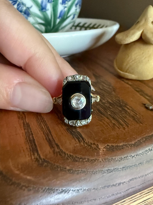Art Deco ANTIQUE Black Onyx Rose Cut Diamond Plaque Ring 18k Gold Bezel Set Blush RC Inlay Platform