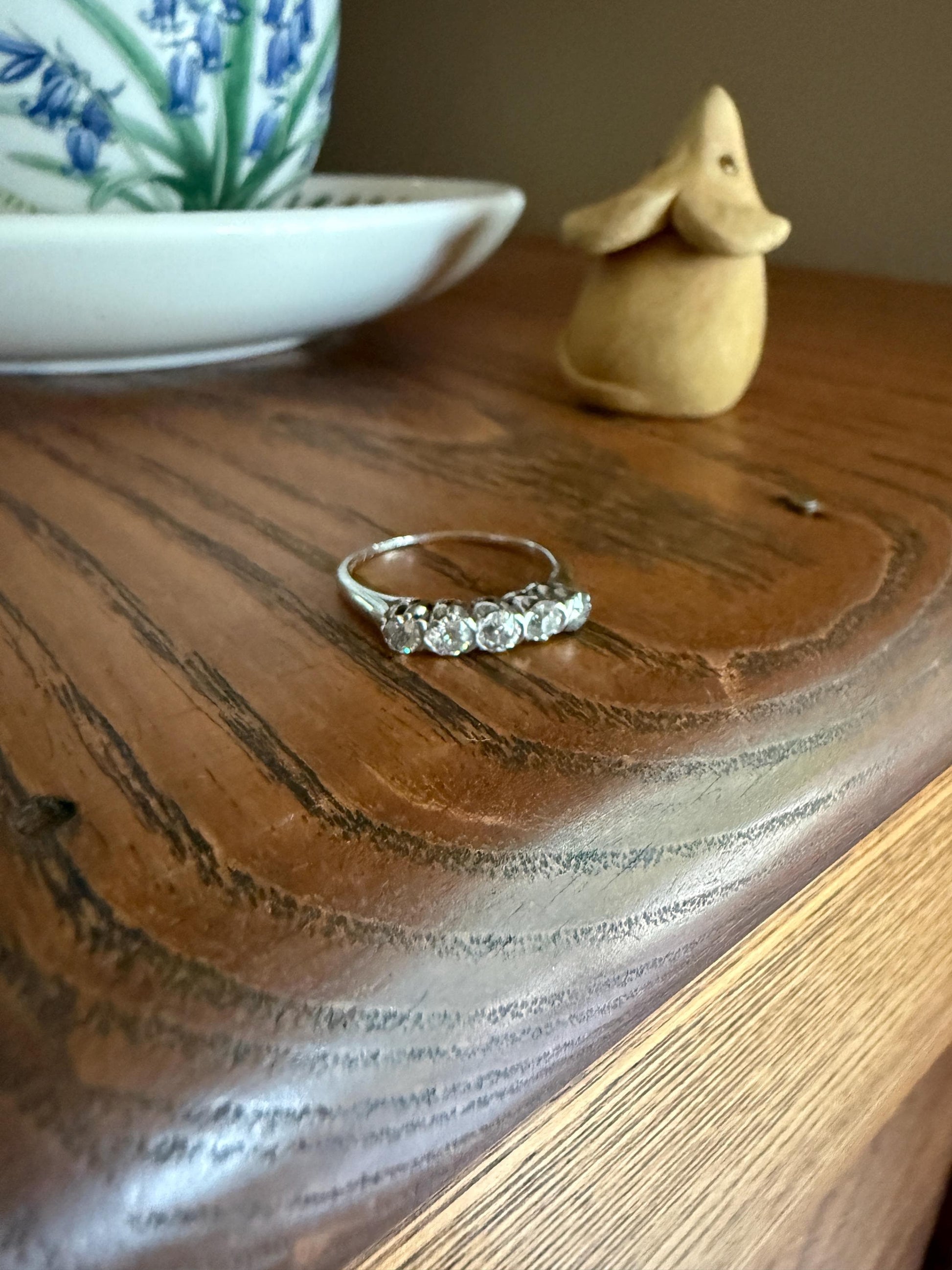Antique Five Stone Old Mine Cut Diamond 18k White Gold Platinum Tall Skinny Band Romantic Gift Wedding Stacker Ringstack OMC