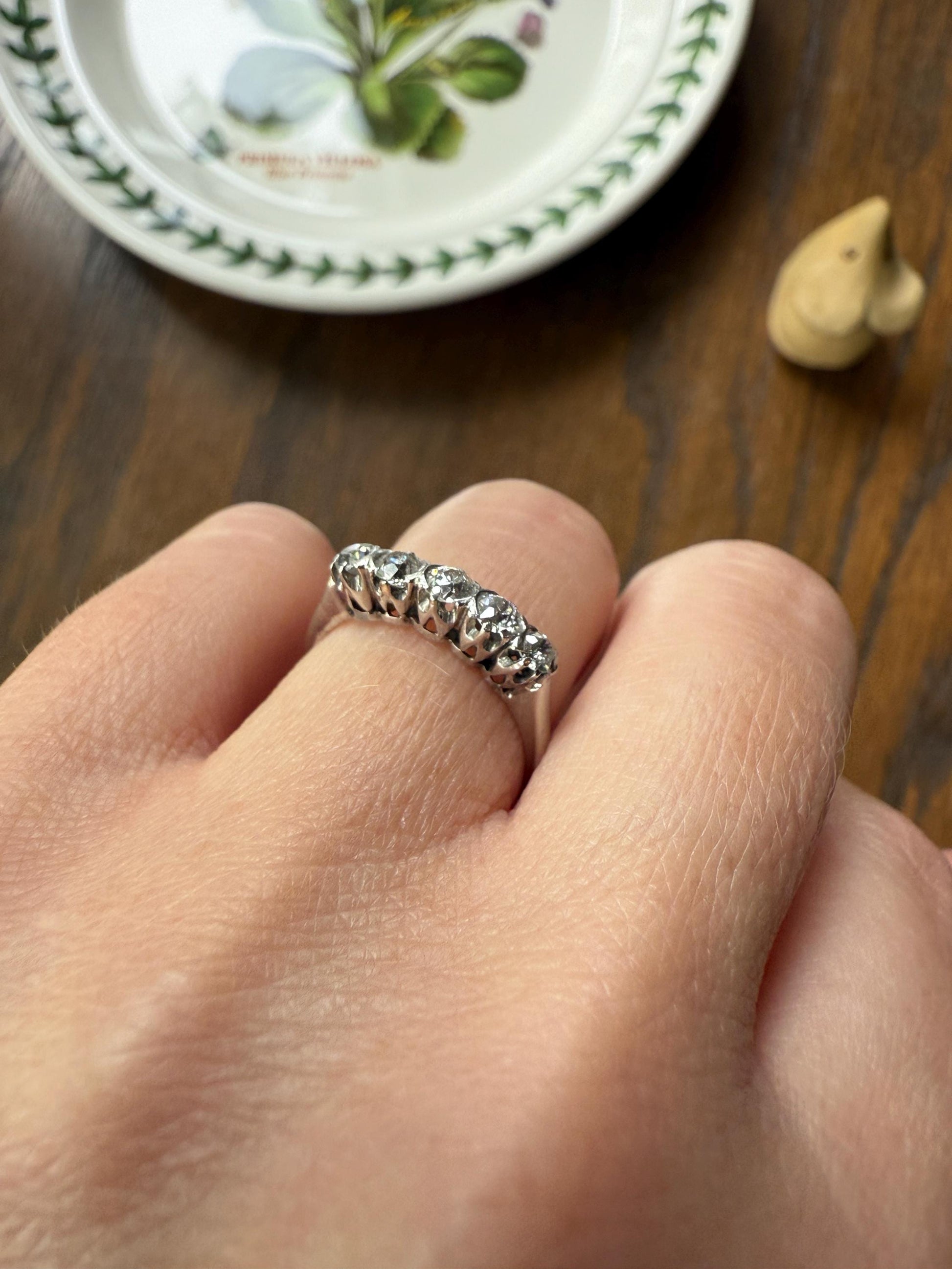 Antique Five Stone Old Mine Cut Diamond 18k White Gold Platinum Tall Skinny Band Romantic Gift Wedding Stacker Ringstack OMC