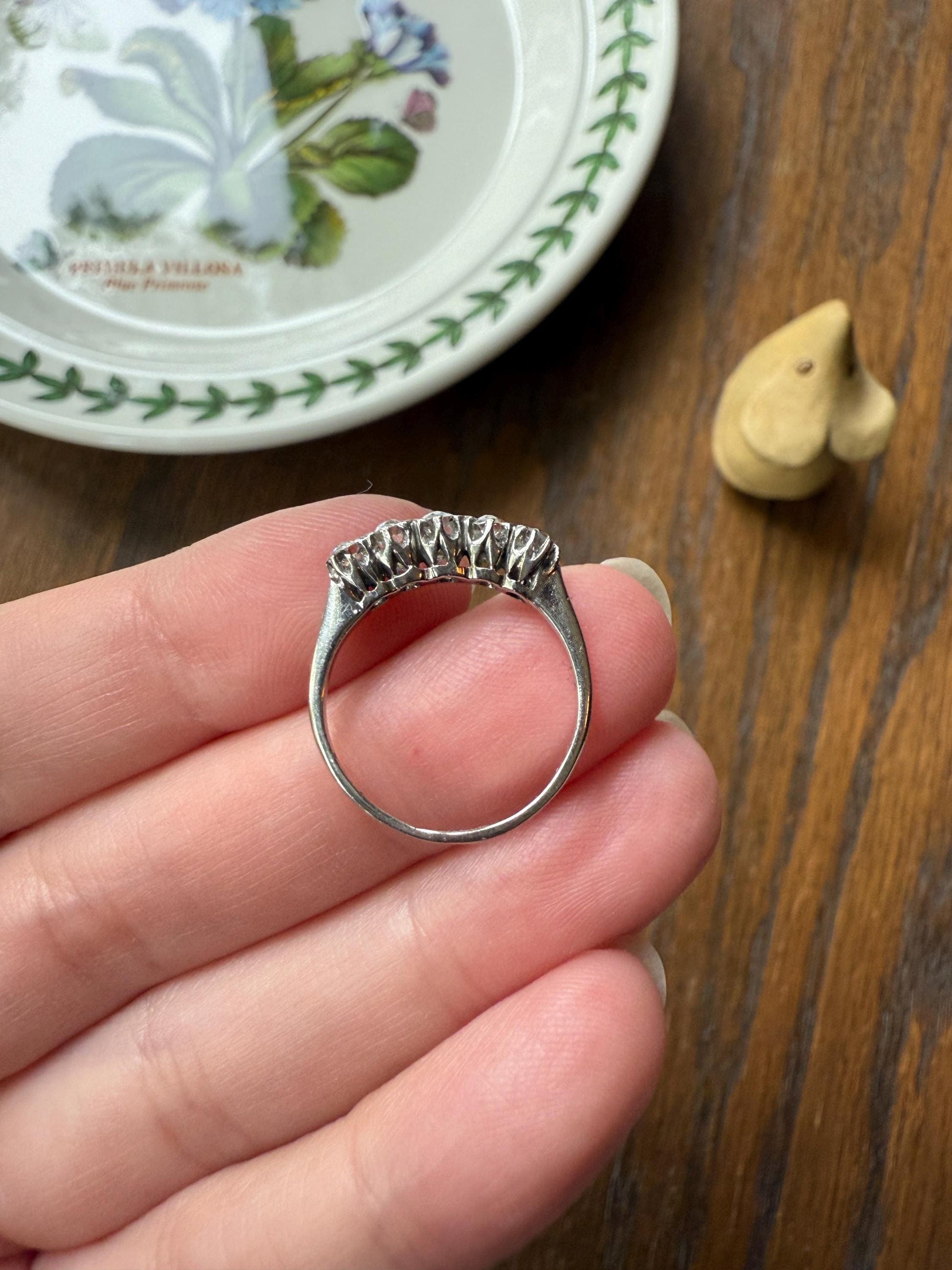 Antique Five Stone Old Mine Cut Diamond 18k White Gold Platinum Tall Skinny Band Romantic Gift Wedding Stacker Ringstack OMC
