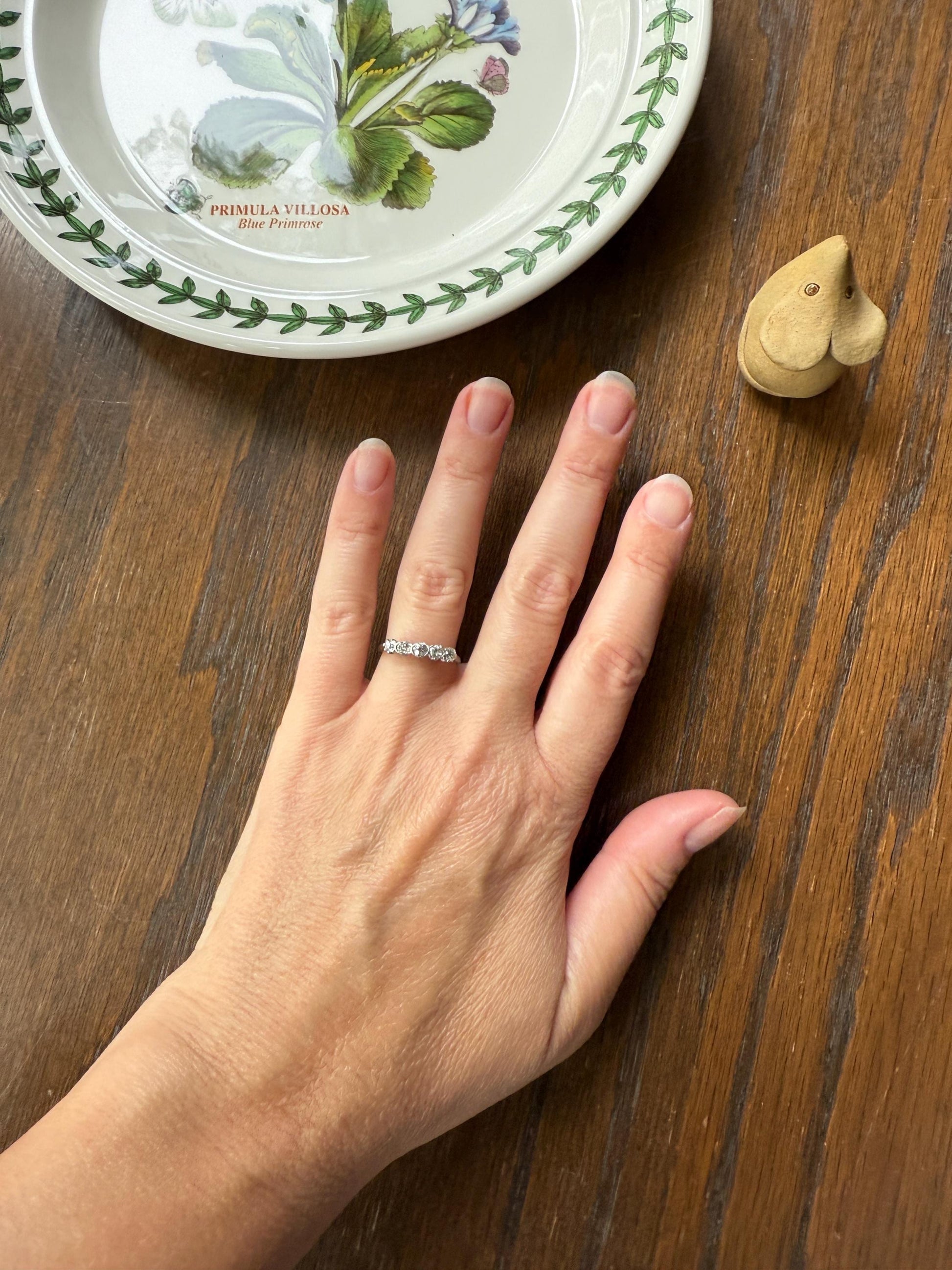 Antique Five Stone Old Mine Cut Diamond 18k White Gold Platinum Tall Skinny Band Romantic Gift Wedding Stacker Ringstack OMC