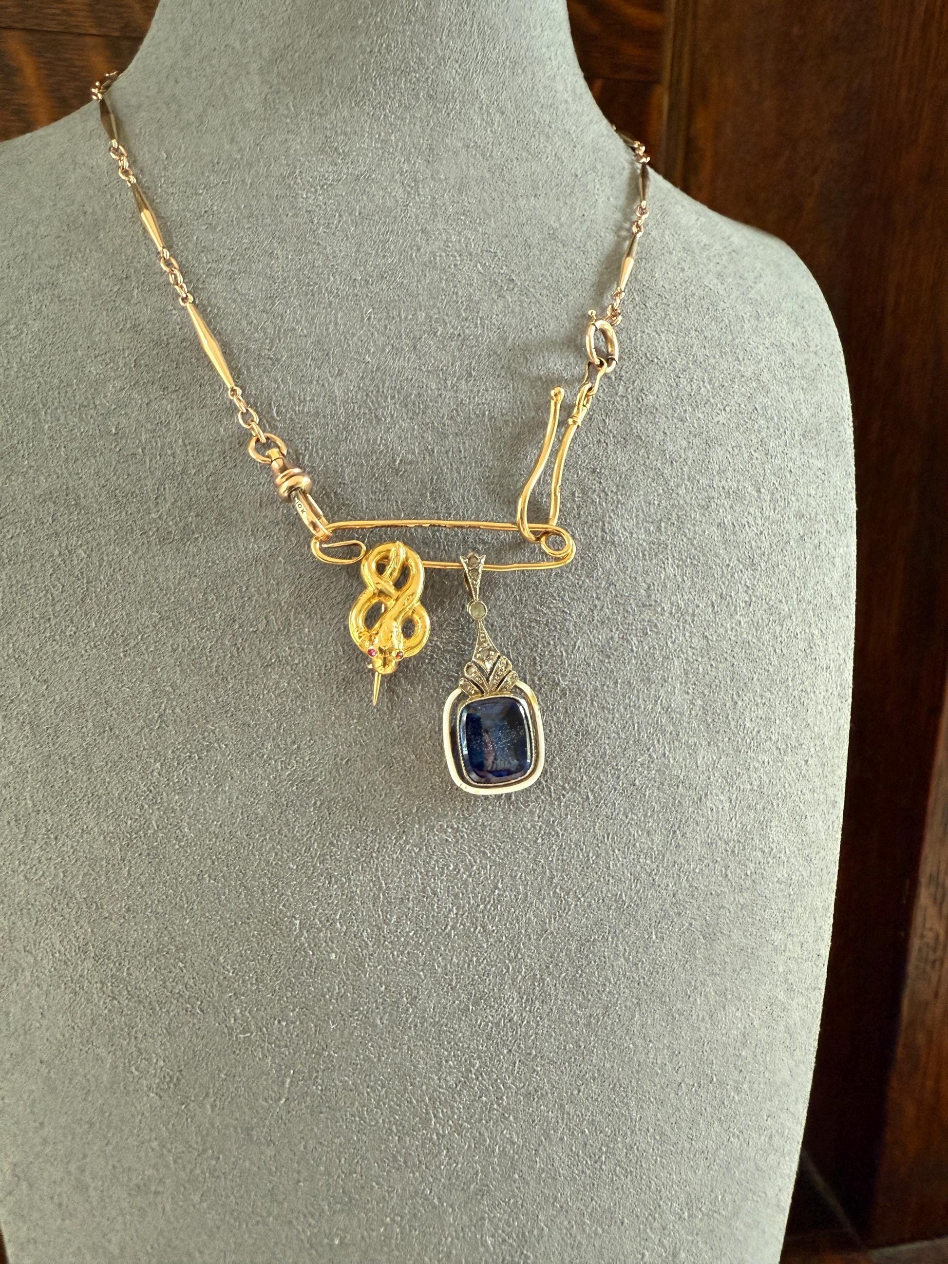 Antique c1923 Safety Pin Brooch Figural 18k Gold Bar Pendant Charm Holder Art Deco Extender Connector Parts Neckmess Neckstack Useful Gift