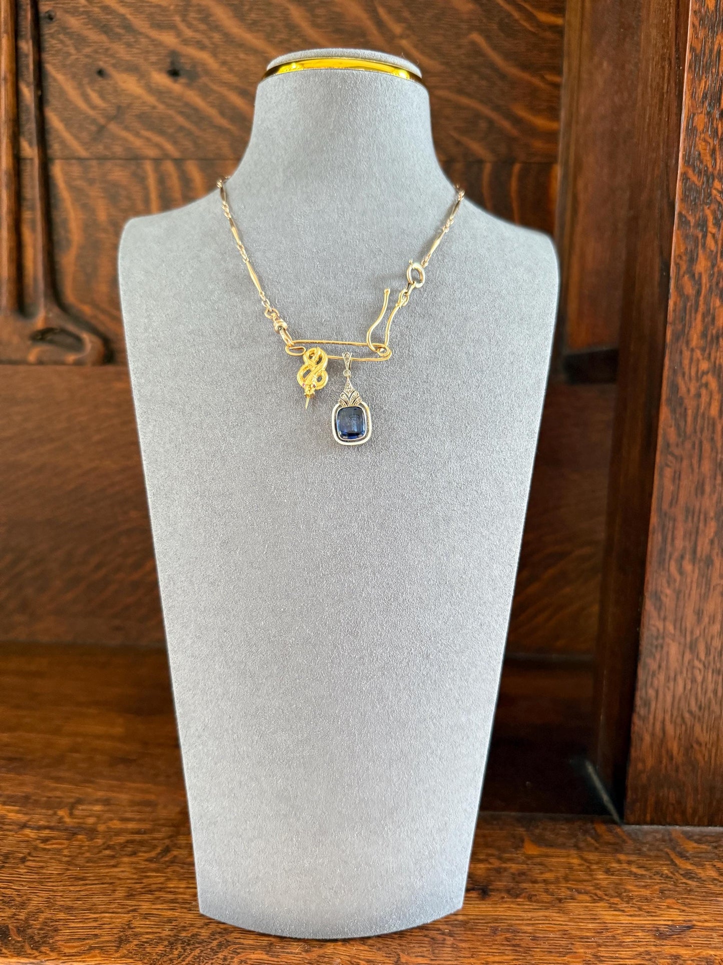 Antique c1923 Safety Pin Brooch Figural 18k Gold Bar Pendant Charm Holder Art Deco Extender Connector Parts Neckmess Neckstack Useful Gift