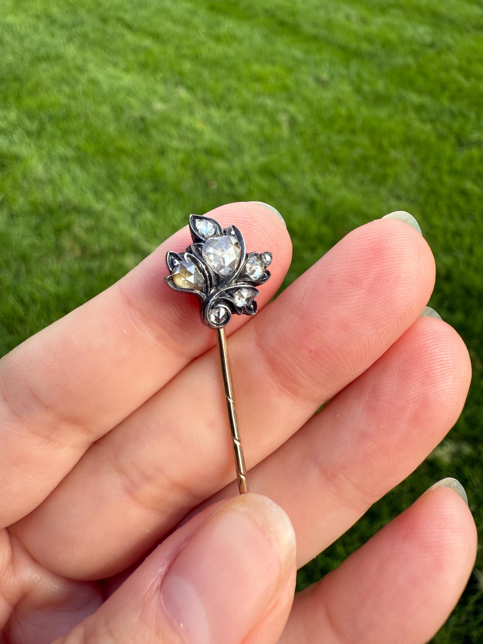 Giardinetti Leaf Figural Chunky Rose Cut DIAMOND Stick Pin for Ring Pendant Bracelet Conversion 14k Gold Silver Antique Victorian Georgian